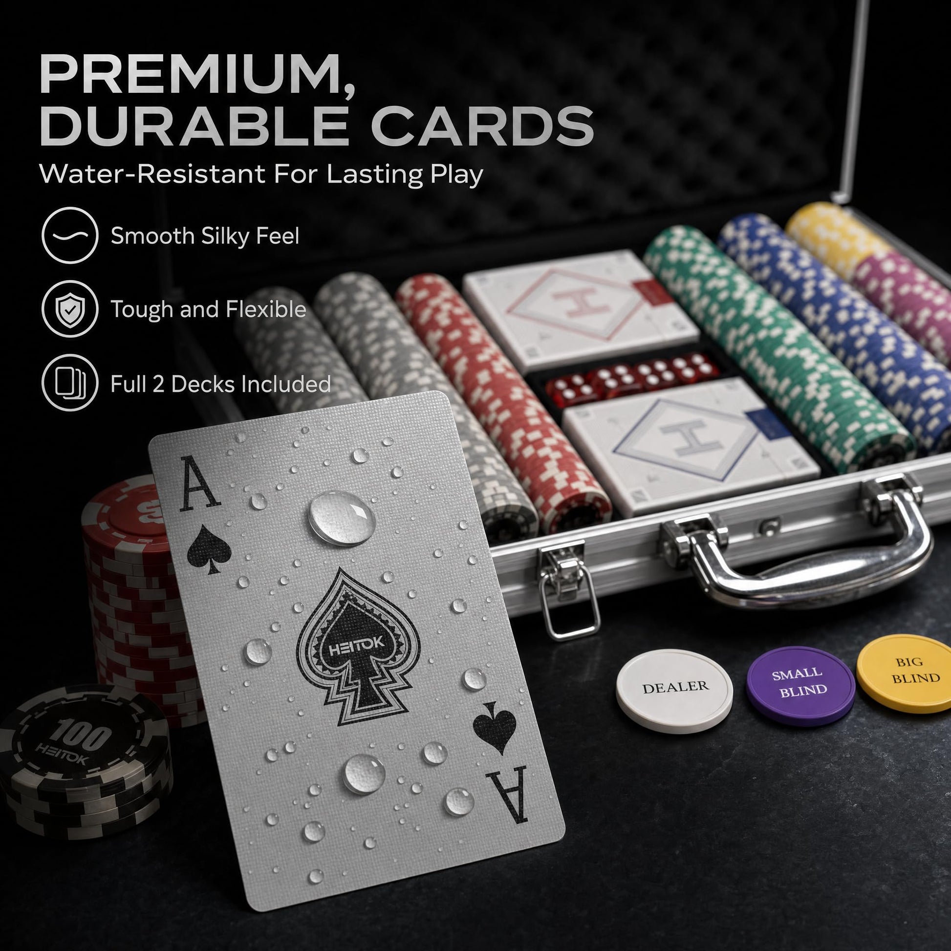 HEITOK Casino Poker Set with Numbered Chips 500-Piece for Card Board Game, 11.5g with Playing Cards Waterproof for Texas Hold'em, Blackjack Gambling