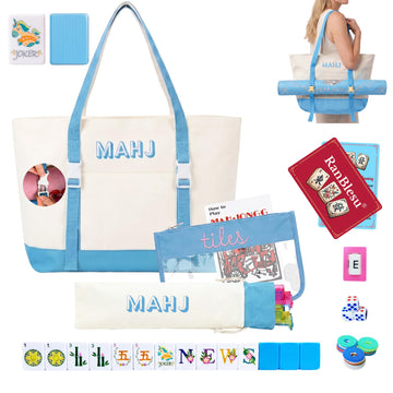 RanBlesu American Mahjong Tile Set, 166 Premium Blue Tiles, 4 All-in-One Color Racks/Pushers, Mahjong Accessories Mahjong Set Complete with Bag (Ma