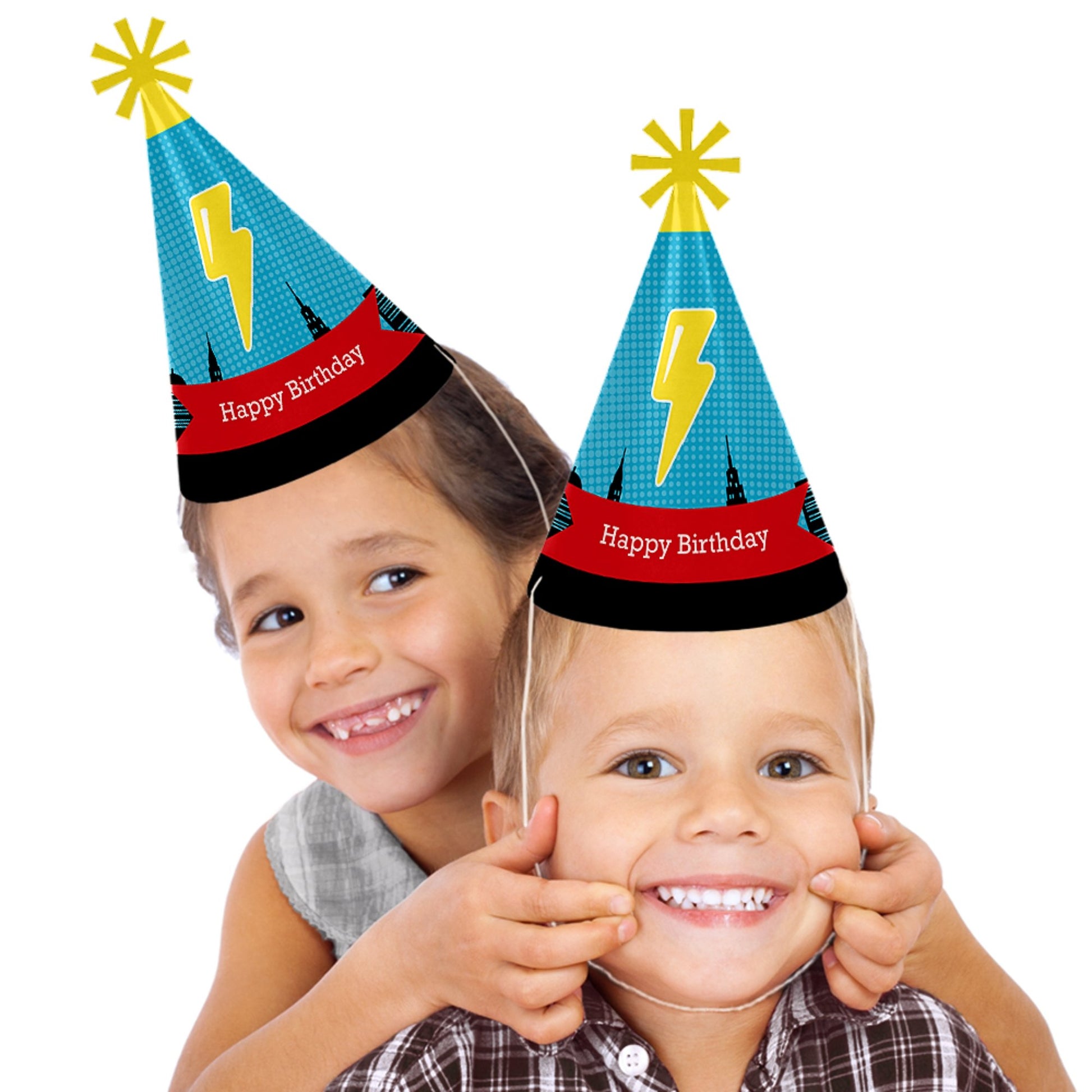Big Dot of Happiness Bam Superhero - Cone Happy Birthday Party Hats for Kids and Adults - Set of 8 (Standard Size)