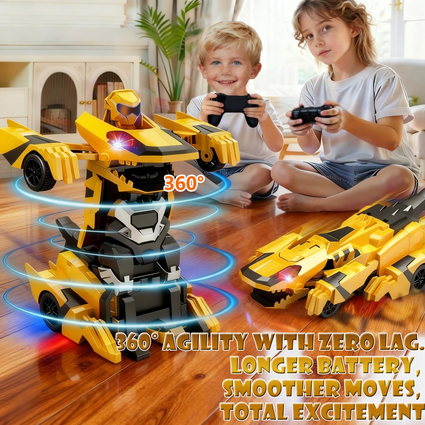 Ufilni Kids Toys Dinosaur Transform Rc Cars, 2.4Ghz Remote Control Car Transforming Robot with Flashing Light, 360° Rotation One Button Deformation