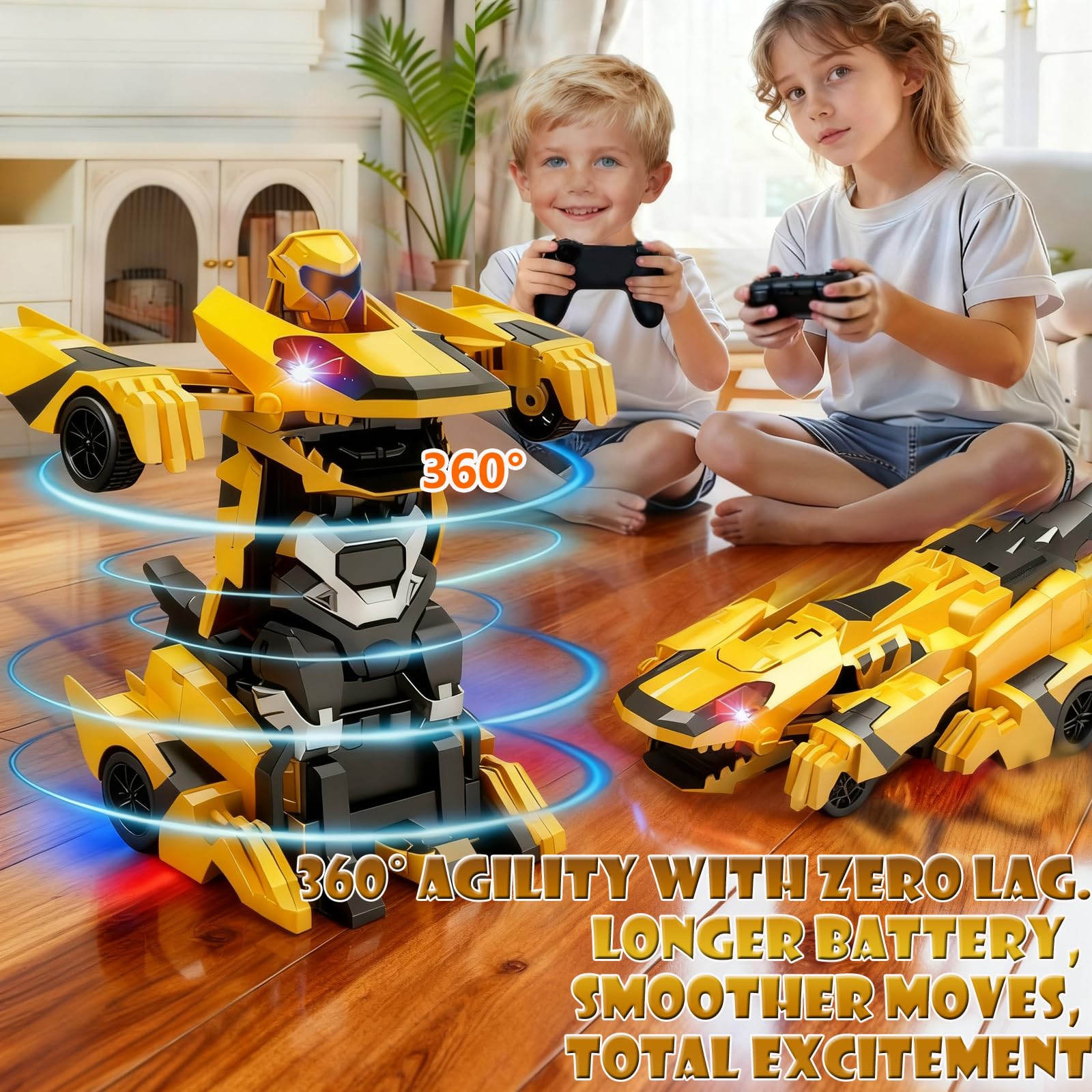 Ufilni Kids Toys Dinosaur Transform Rc Cars, 2.4Ghz Remote Control Car Transforming Robot with Flashing Light, 360° Rotation One Button Deformation