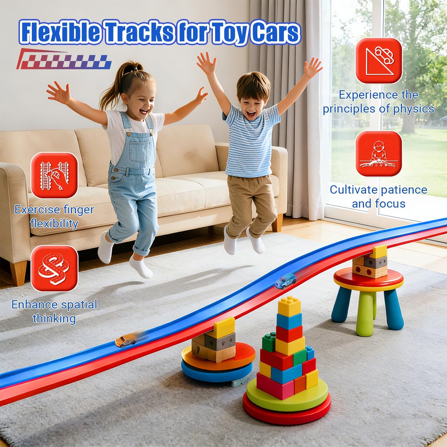 Flexible Race Track for Kids, 16.4FT Flexible Race Track with 2 Strong Screw Suction Cup & 4 Pull-Back Toy Cars, Portable DIY Flexible Racing Track