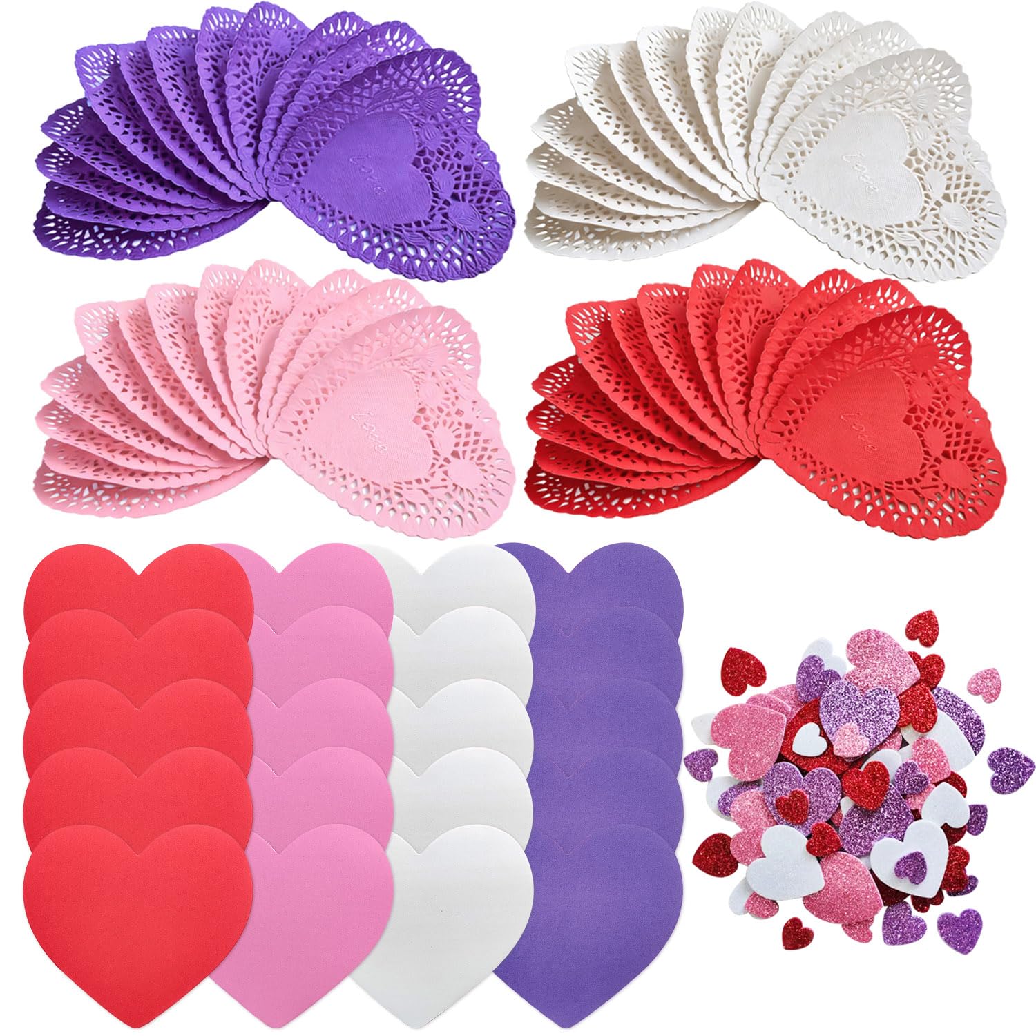 mufanyu 200 Pcs Valentines Day Crafts Gifts Set with 100 Heart Doilies, 20 Foam Hearts, 2 Bags Valentine Foam Stickers, DIY Crafts Scrapbook Supplies