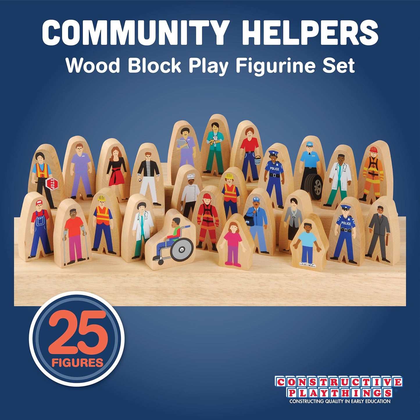 Constructive Playthings Wooden Community Helpers 25-Piece Wood Block Play Figurine Set, Freestanding Inclusive and Diverse Wood Toy Figures for Kids