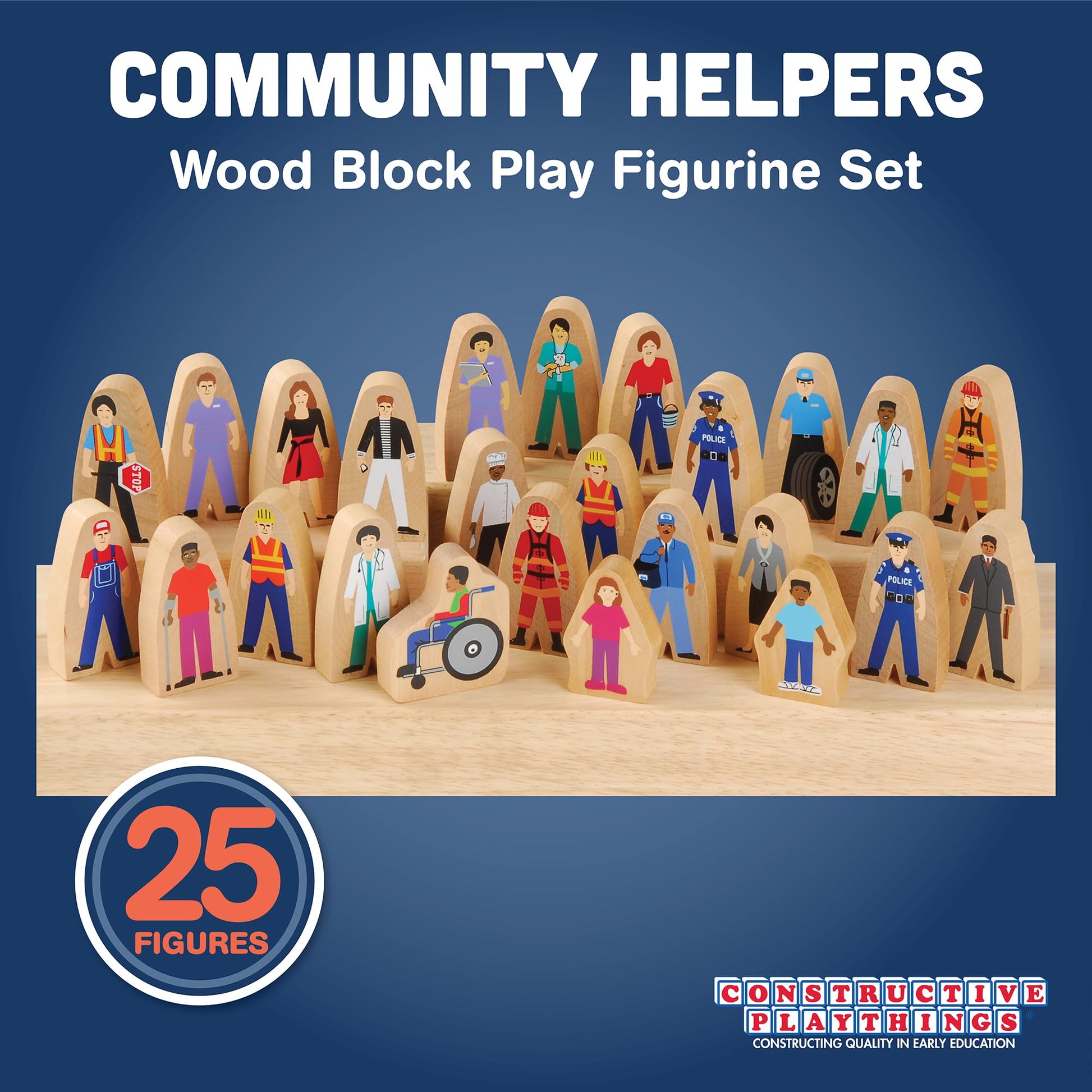 Constructive Playthings Wooden Community Helpers 25-Piece Wood Block Play Figurine Set, Freestanding Inclusive and Diverse Wood Toy Figures for Kids
