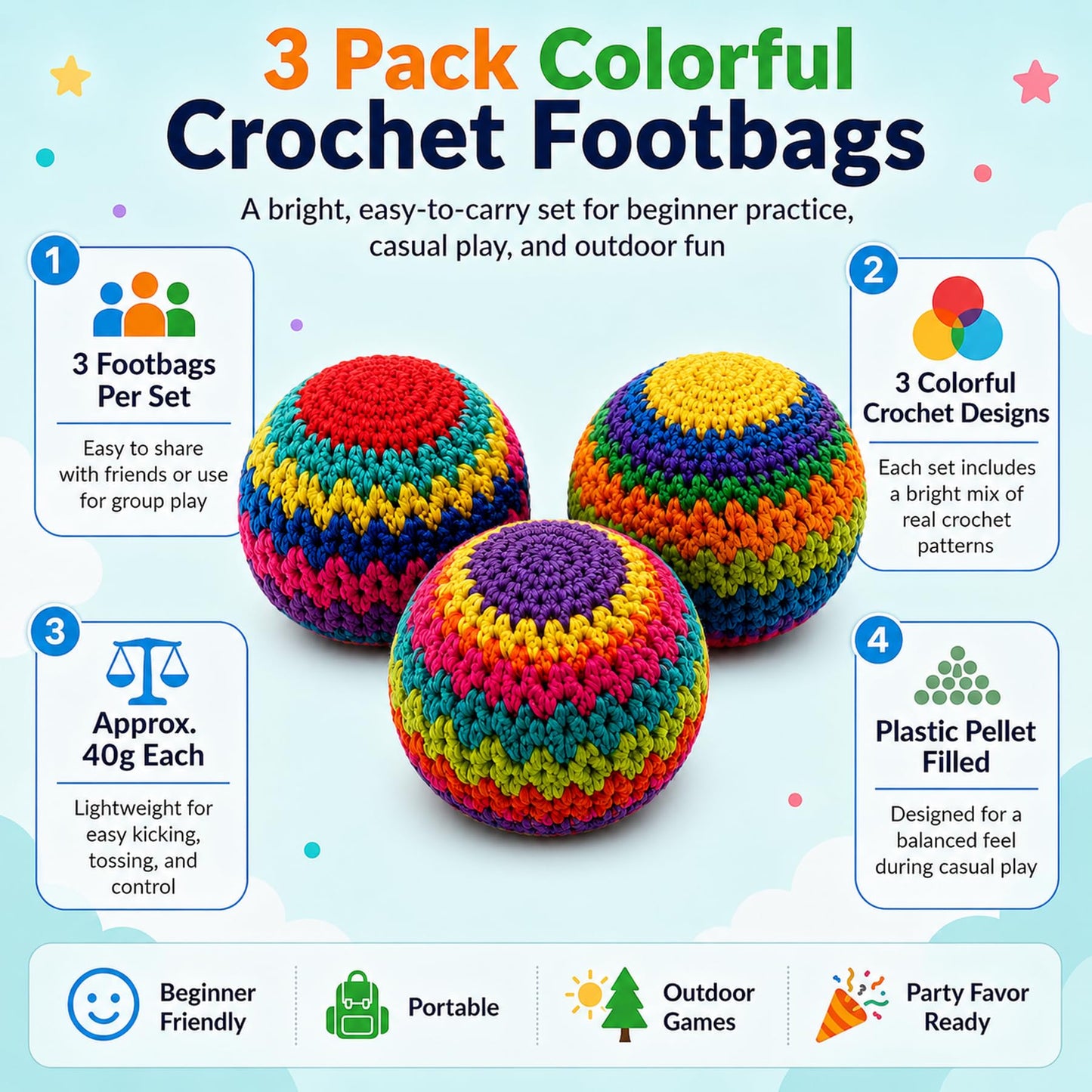 3 Pack Crochet Footbags, Random Colors Knitted Kick Sack Balls, Hacky Kick Sack Balls?Approx 40g Plastic Pellet Filled Hacky Style Footbag Juggling