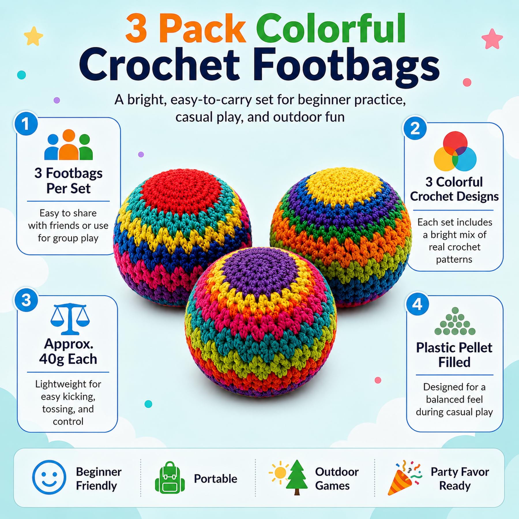 3 Pack Crochet Footbags, Random Colors Knitted Kick Sack Balls, Hacky Kick Sack Balls?Approx 40g Plastic Pellet Filled Hacky Style Footbag Juggling