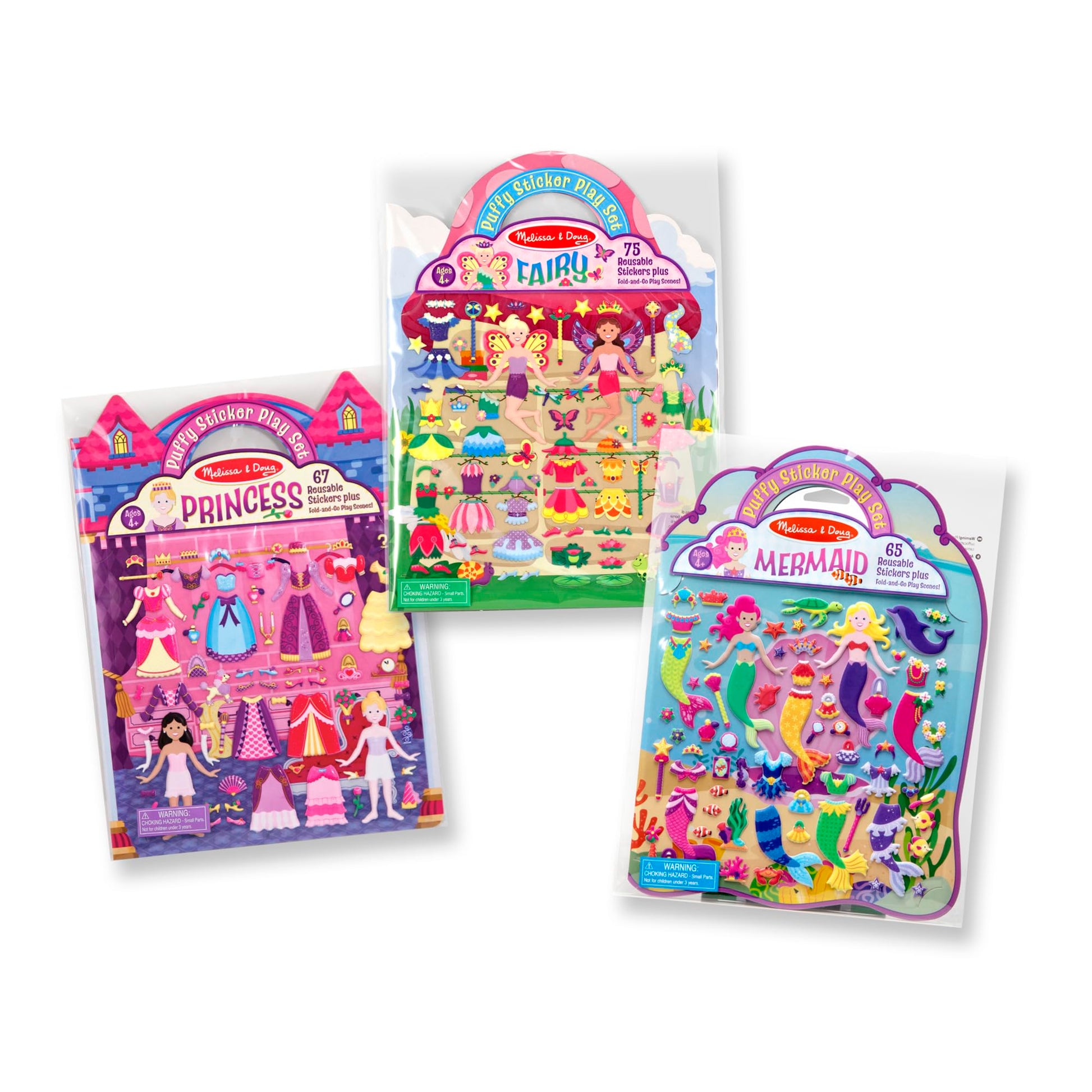 Melissa & Doug Puffy Sticker Activity Books Set of 3 - Princess, Mermaid & Fairy, with 207 Reusable Puffy Stickers and Fold-Out Scenes, Mess Free Play