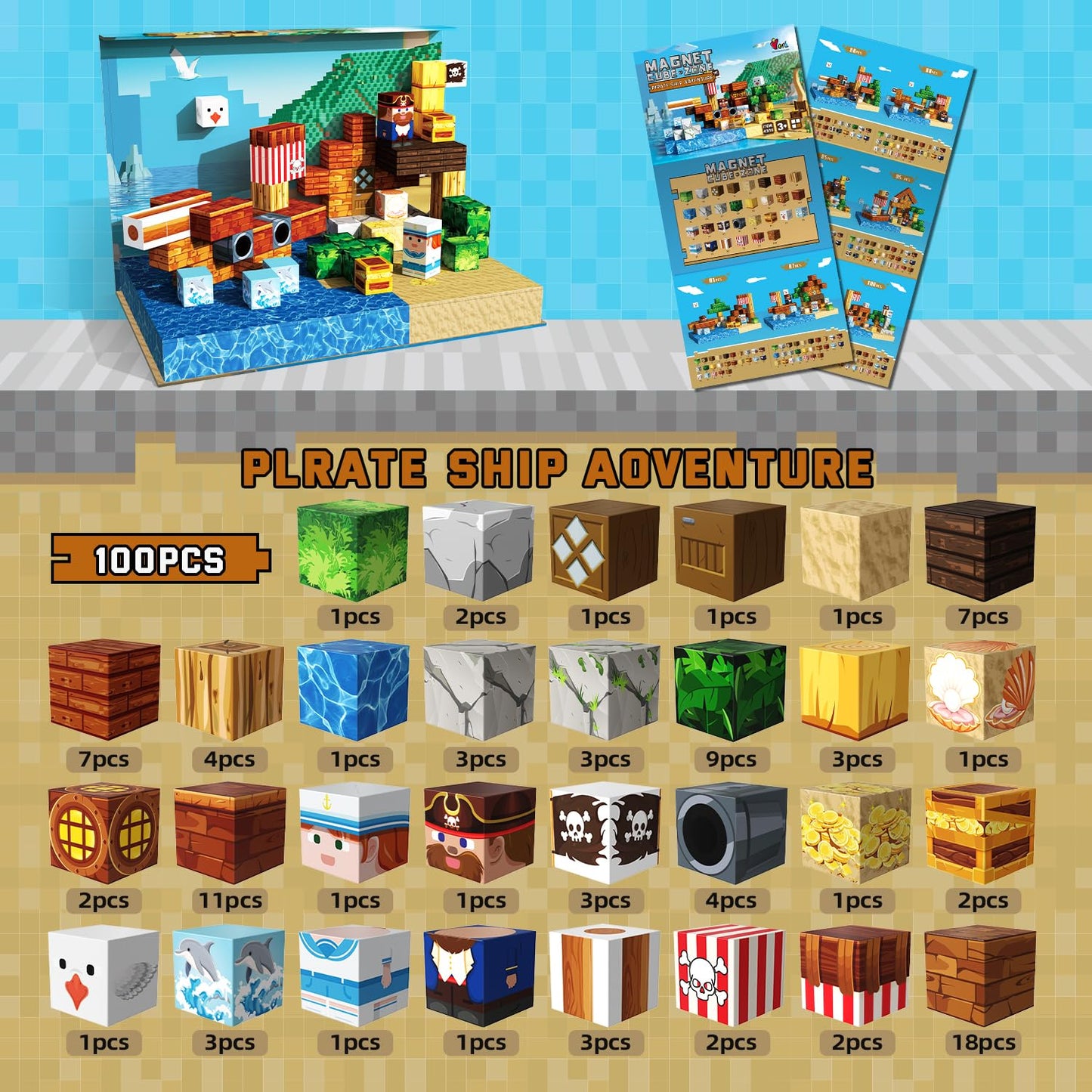 FunsBloomify Magnetic Blocks 100PCS Pirate Ship | STEM Educational Building Toys for Kids Age 3+, Creative Stacking Construction Set with 0.8in Magnet