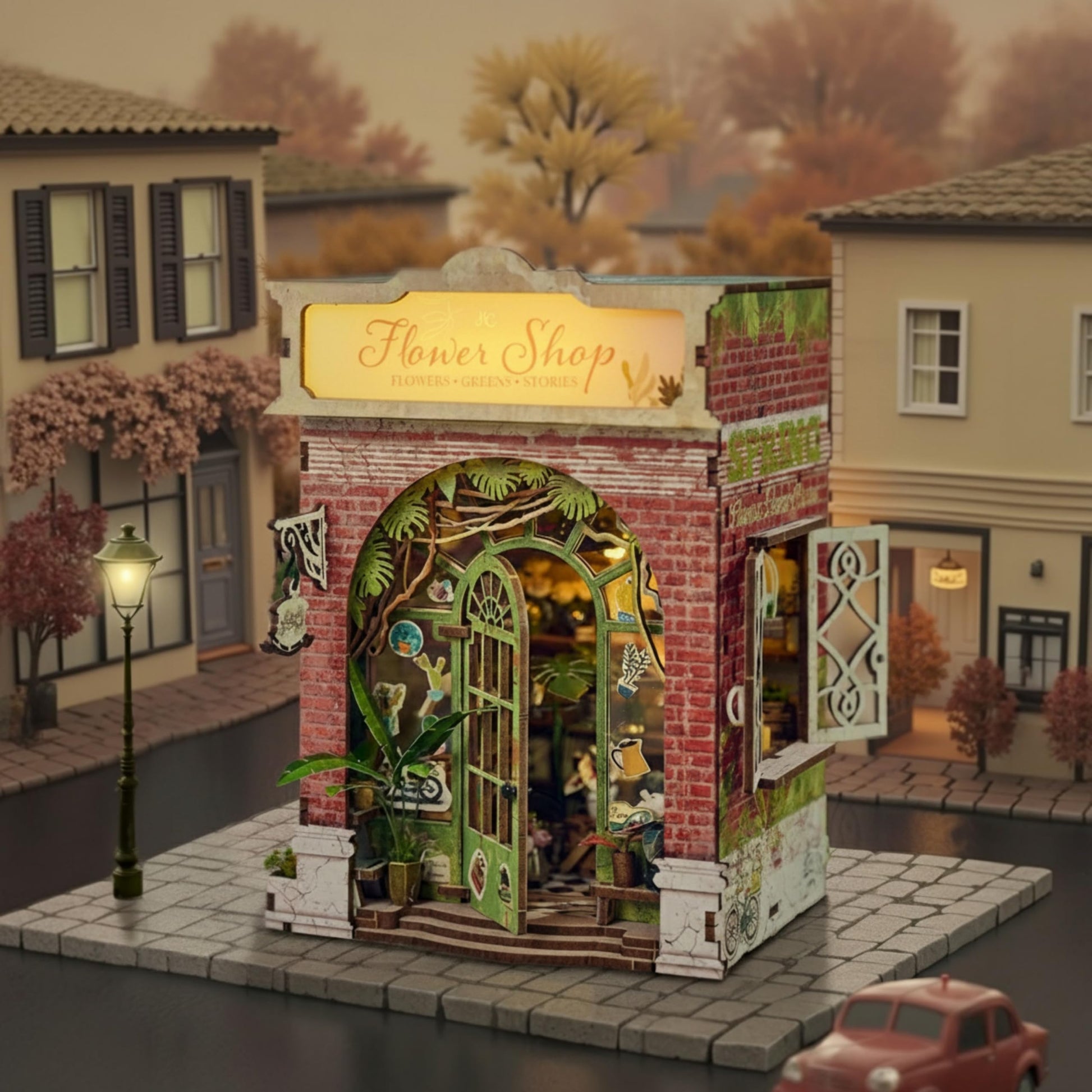 Hands Craft Flower Shop DIY Book Nook Kit with Touch LED Lights - 248-Piece 3D Puzzle, Miniature House Bookshelf Insert - Floral Store Wooden Craft