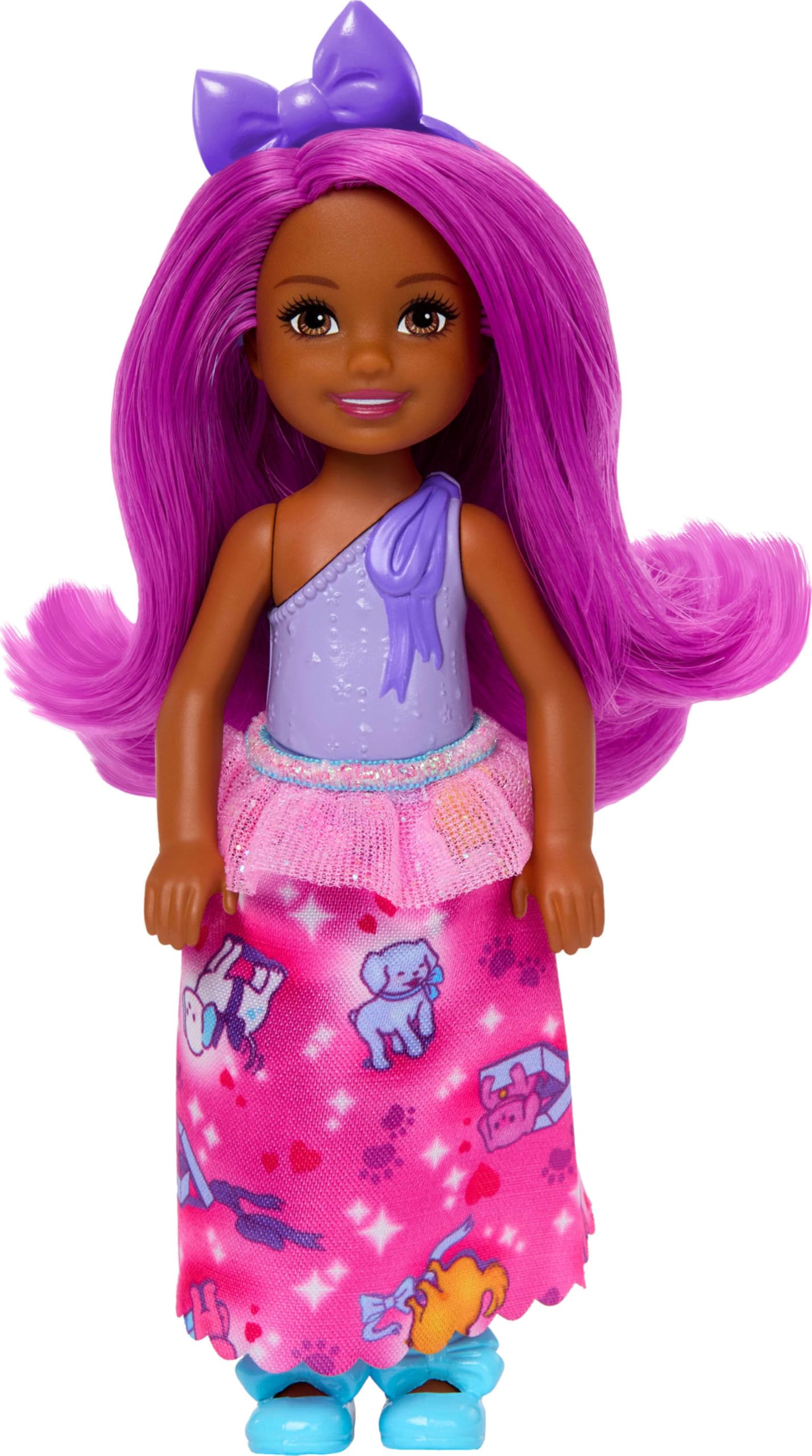 Barbie Royal Chelsea Doll with Pink Hair and Purple Bow Headband, Colorful Printed Skirt