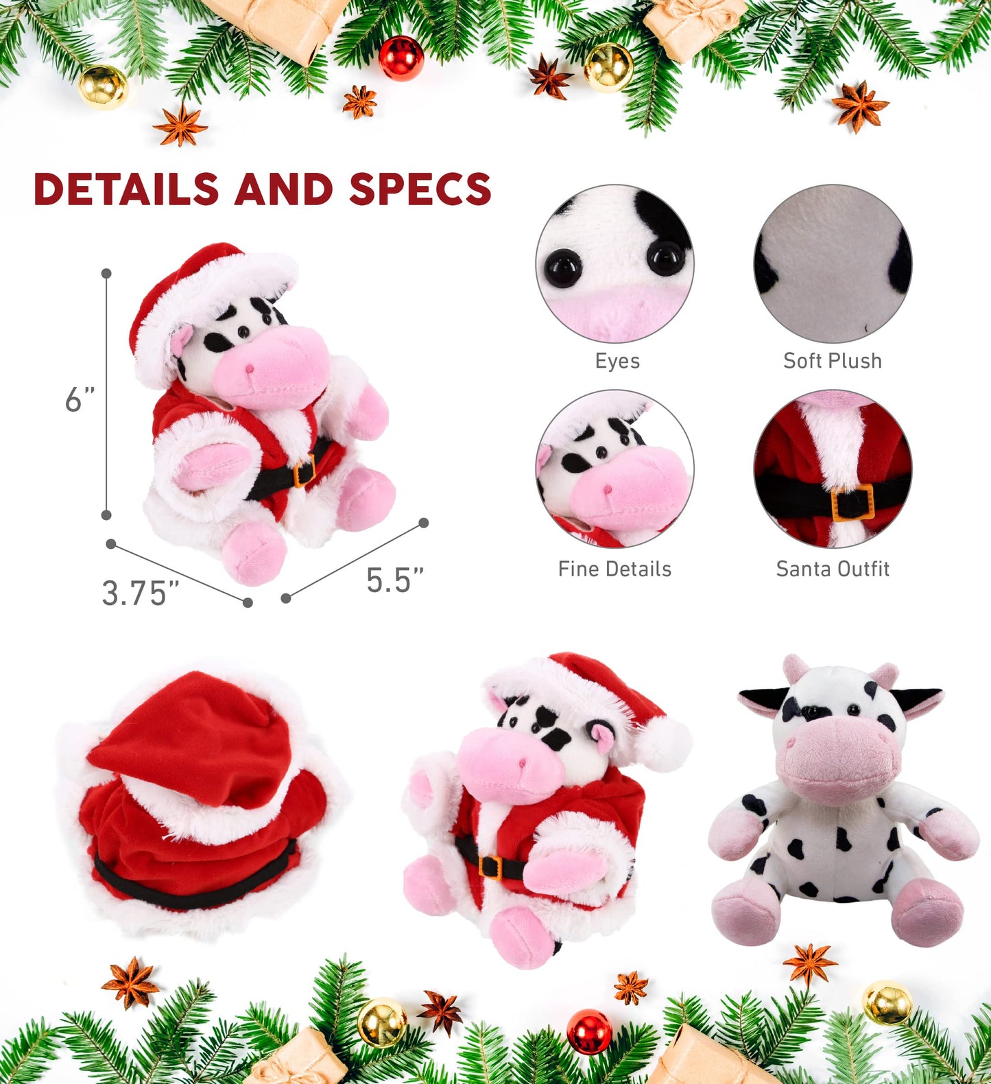 DolliBu Santa Cow Stuffed Animal Plush Toy - Super Soft Wild Animal Dress Up with Red Santa Claus Outfit, Cute Wildlife Gift, Perfect Holiday 6 Inches