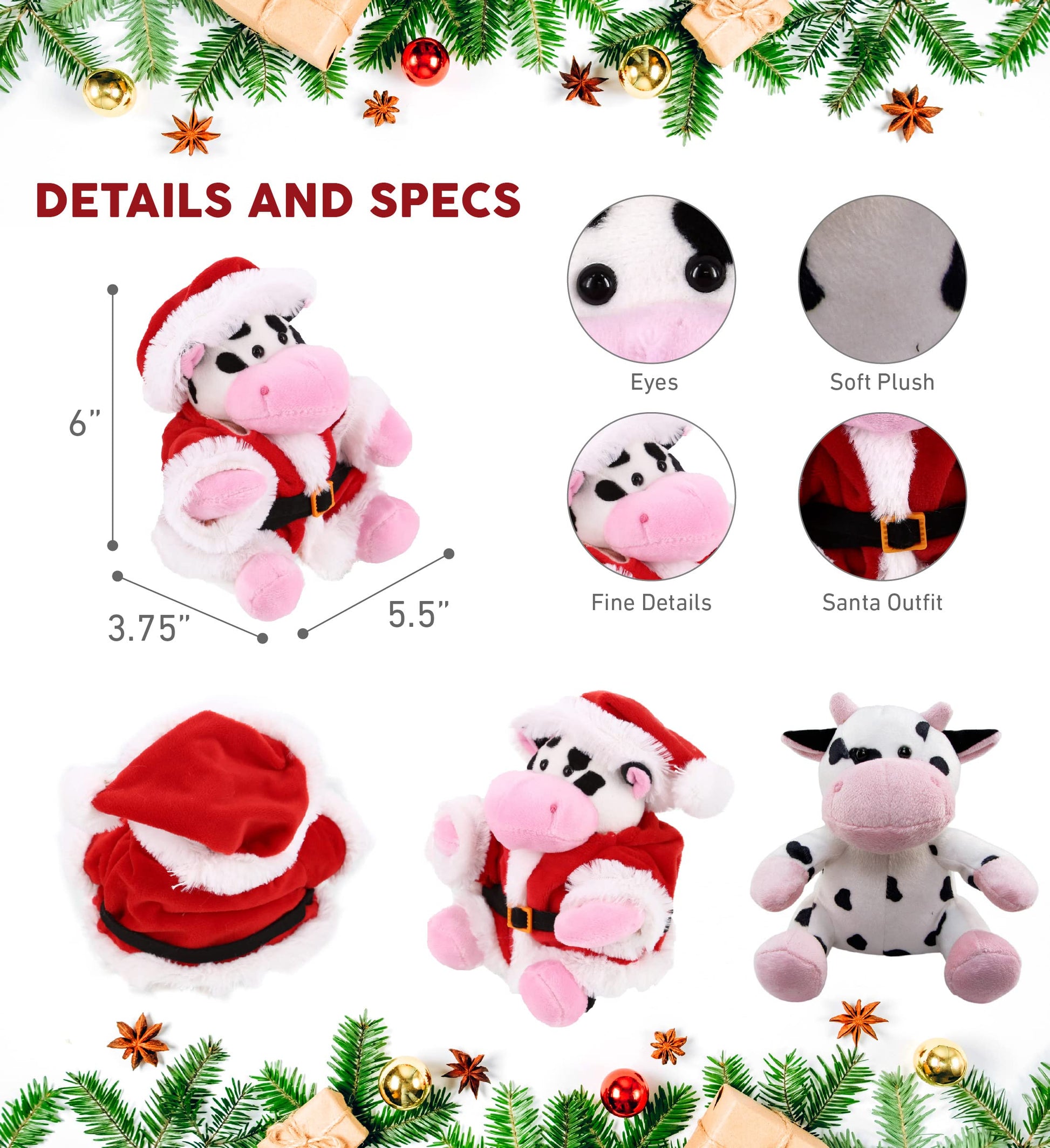 DolliBu Santa Cow Stuffed Animal Plush Toy - Super Soft Wild Animal Dress Up with Red Santa Claus Outfit, Cute Wildlife Gift, Perfect Holiday 6 Inches