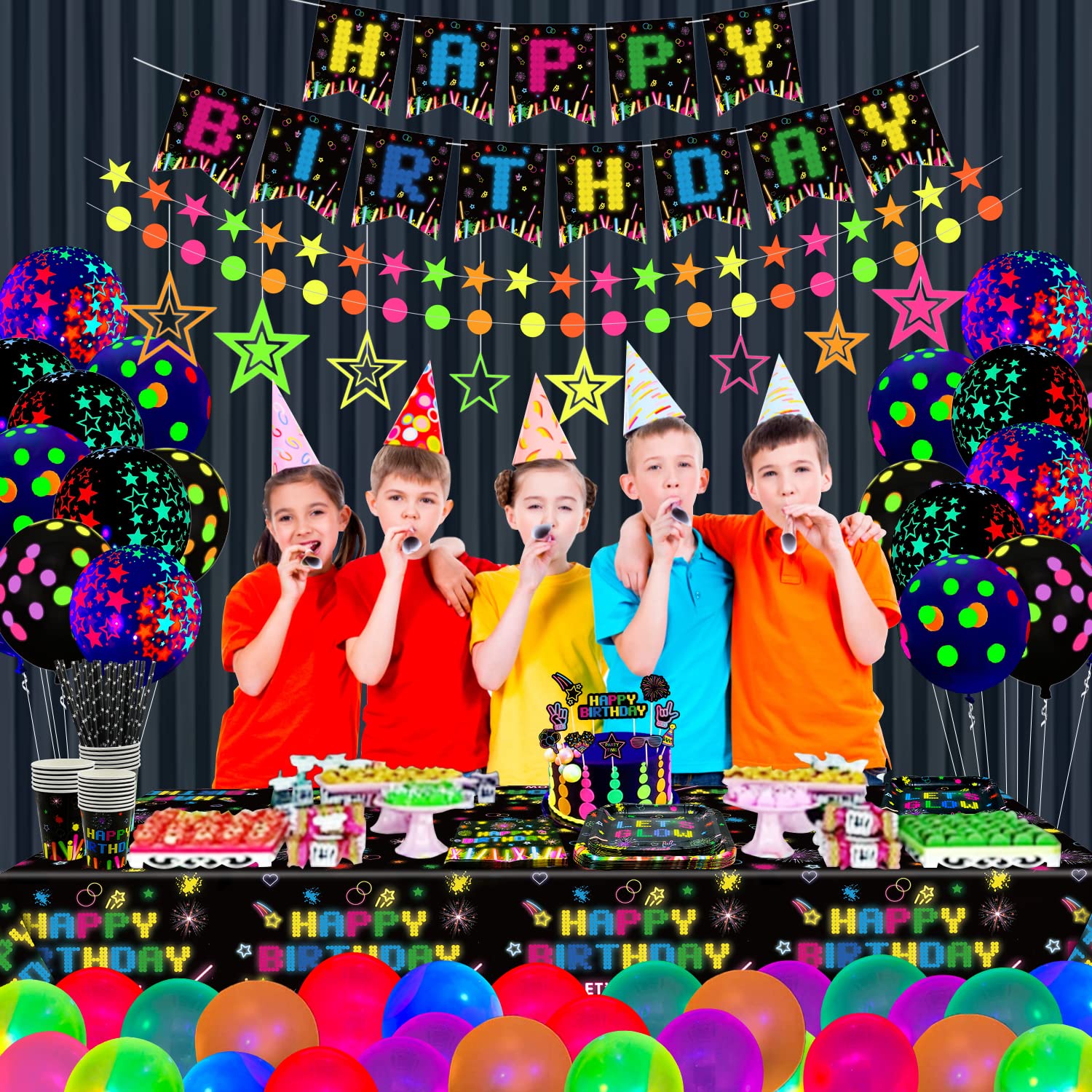 241 PCS Glow Neon Party Supplies Neon Glow Tableware Set Neon Balloon Glow in the Dark Birthday Banner Hanging Star Cake Toppers for Blacklight Party
