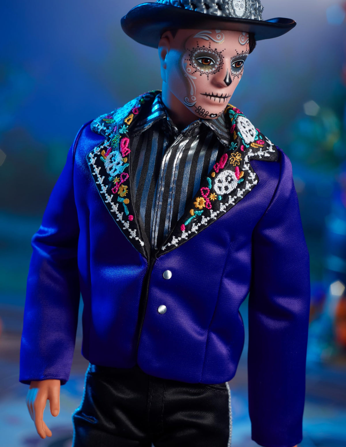 Barbie Signature Ken Fashion Doll, 2023 Dia de Muertos Collectible with Blue Jacket, Black Hat & Doll Stand