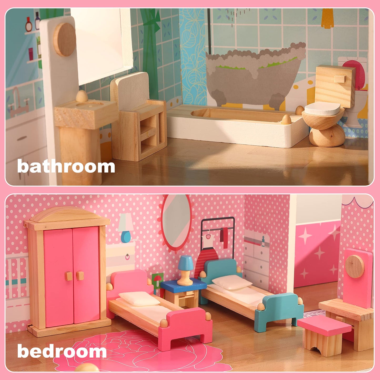 Giragaer Wooden Dollhouse Furniture 5 Set, Wood Doll House Miniature Bathroom/Living Room/Dining Room/Bedroom/Kitchen House Furniture Doll Decoration
