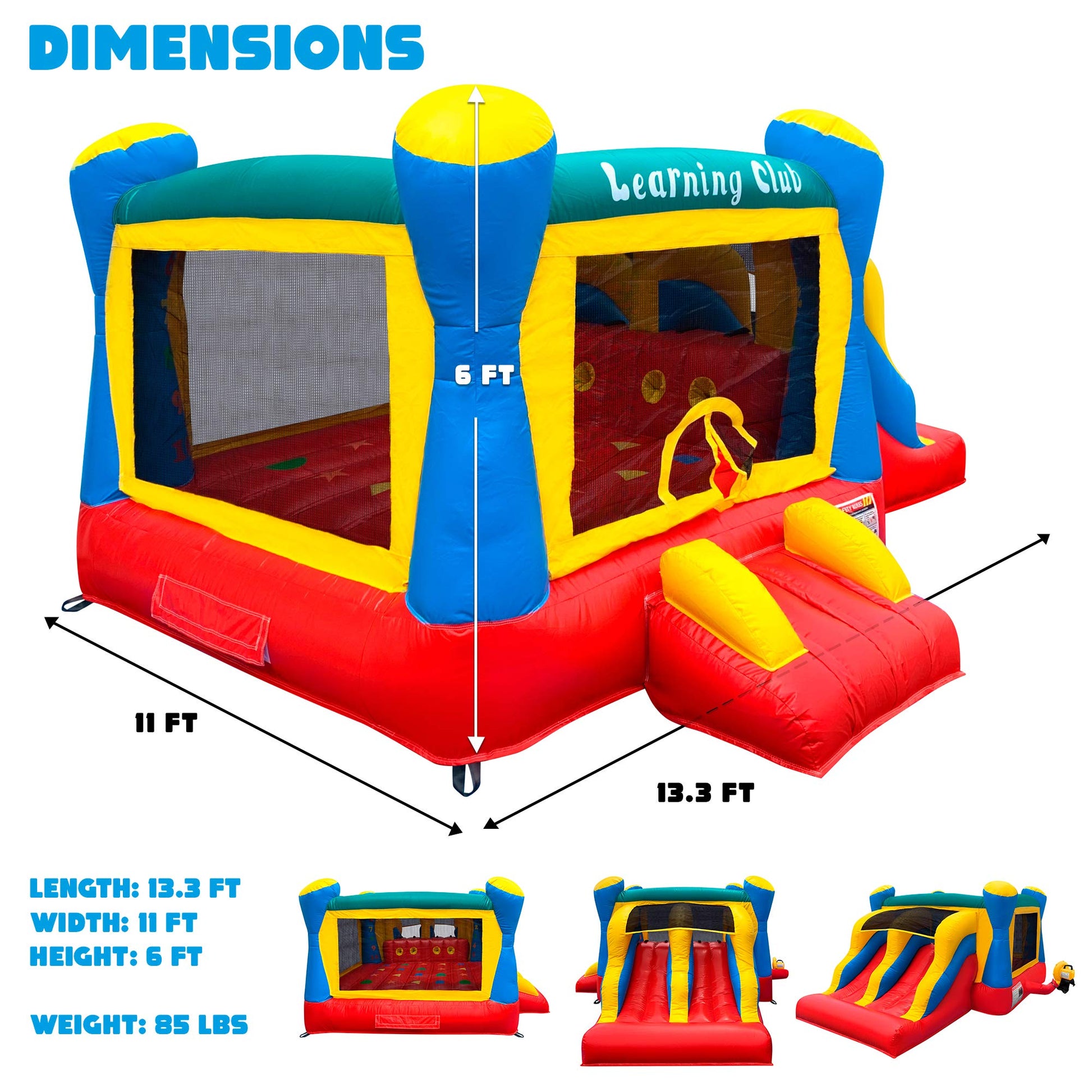 Hullaballoo Learning Club Commercial Inflatable Bounce and Slide Combo, Educational Kids Jump 'n Slide Bounce House with Blower Included and 2 Sliding