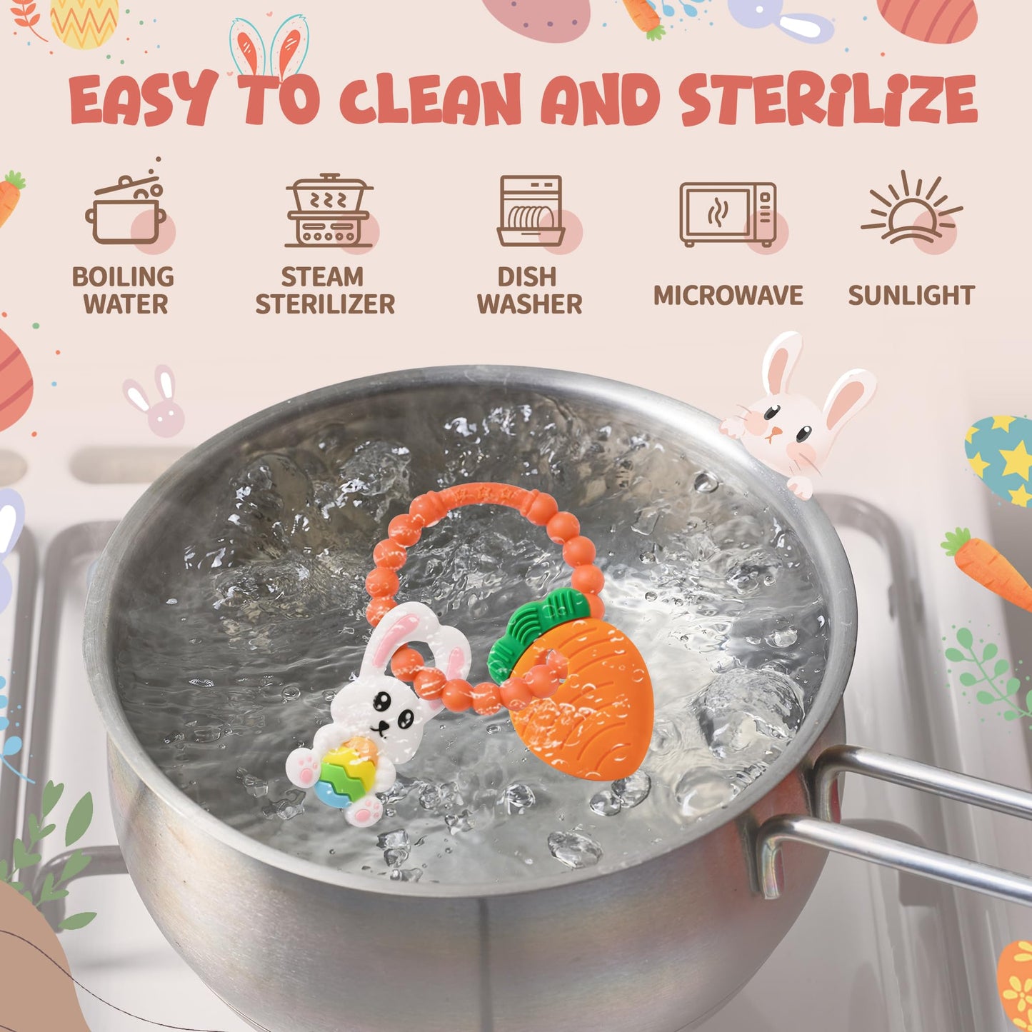 Easter Eggs Bunny Teething Toys, Easter Basket Essentials Stuffers, Silicone Easter Egg Baby Carrot Teether Toys, Baby Carrots for Baby's First Easter