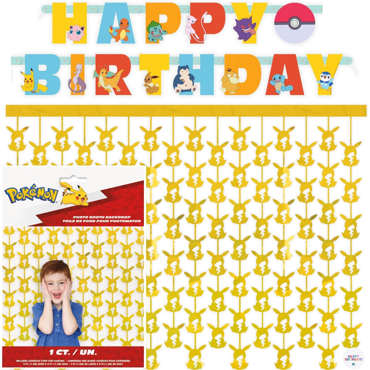 Pokemon Birthday Banner and Hanging Foil Backdrop - Pokemon Birthday Decorations - Themed Party Supplies - Officially Licensed