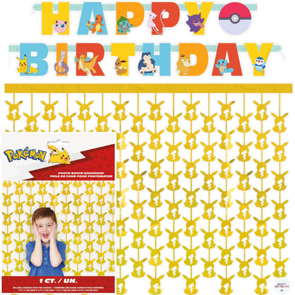 Pokemon Birthday Banner and Hanging Foil Backdrop - Pokemon Birthday Decorations - Themed Party Supplies - Officially Licensed