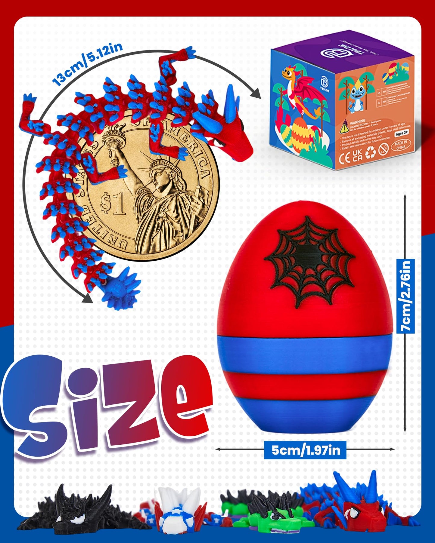 TBOLINE 4PCS 3D Printed Dragon Egg, Articulated Superhero Small Dragon Toys for Kids, 3D Printed Animals Spider Dinosaur Eggs Treasure Box Prizes