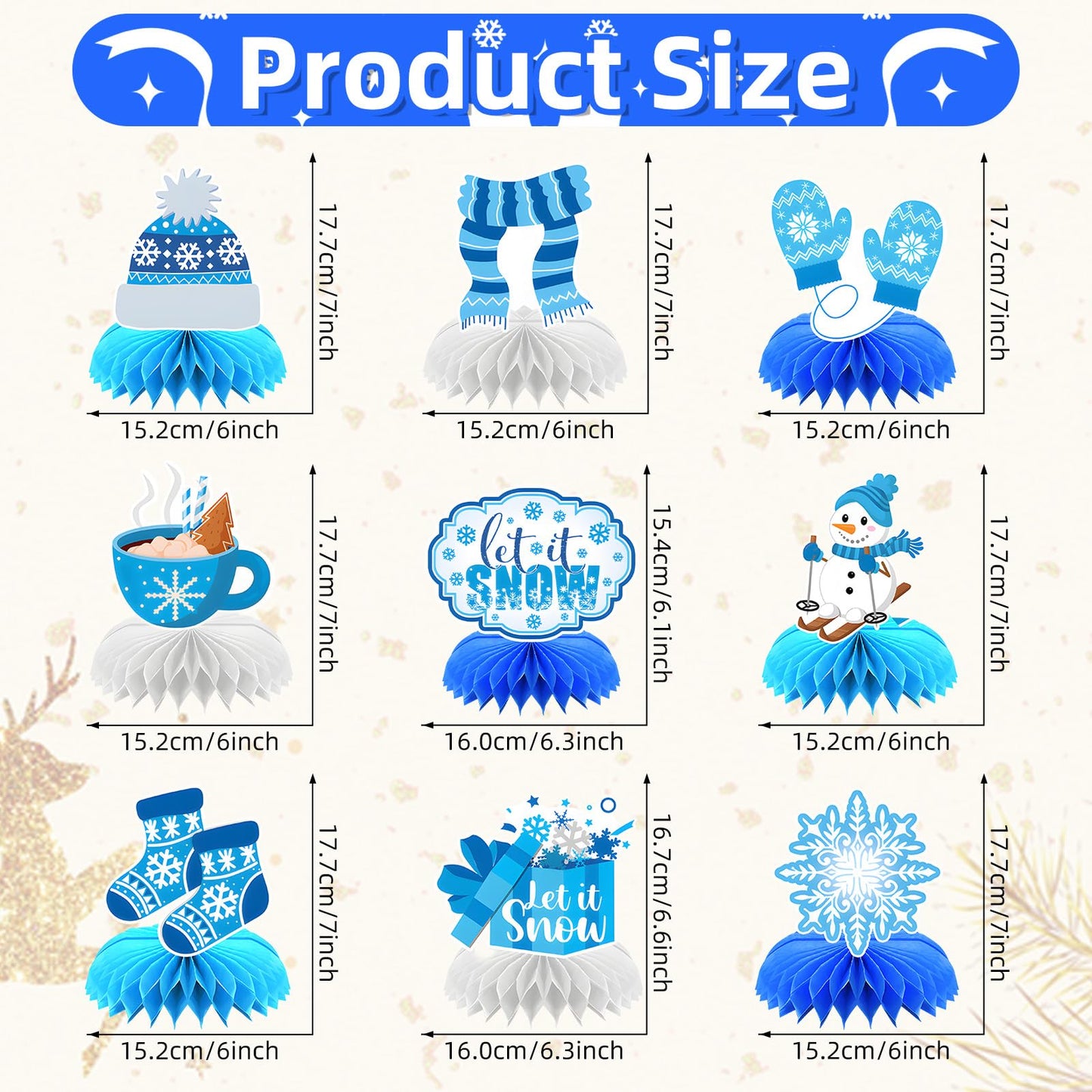 9 Pieces Winter Honeycomb Centerpieces - Let It Snow Table Decorations with Snowman, Snowflake, Hat, Scarf, Mittens, Hot Cocoa, Socks, and Gift Box