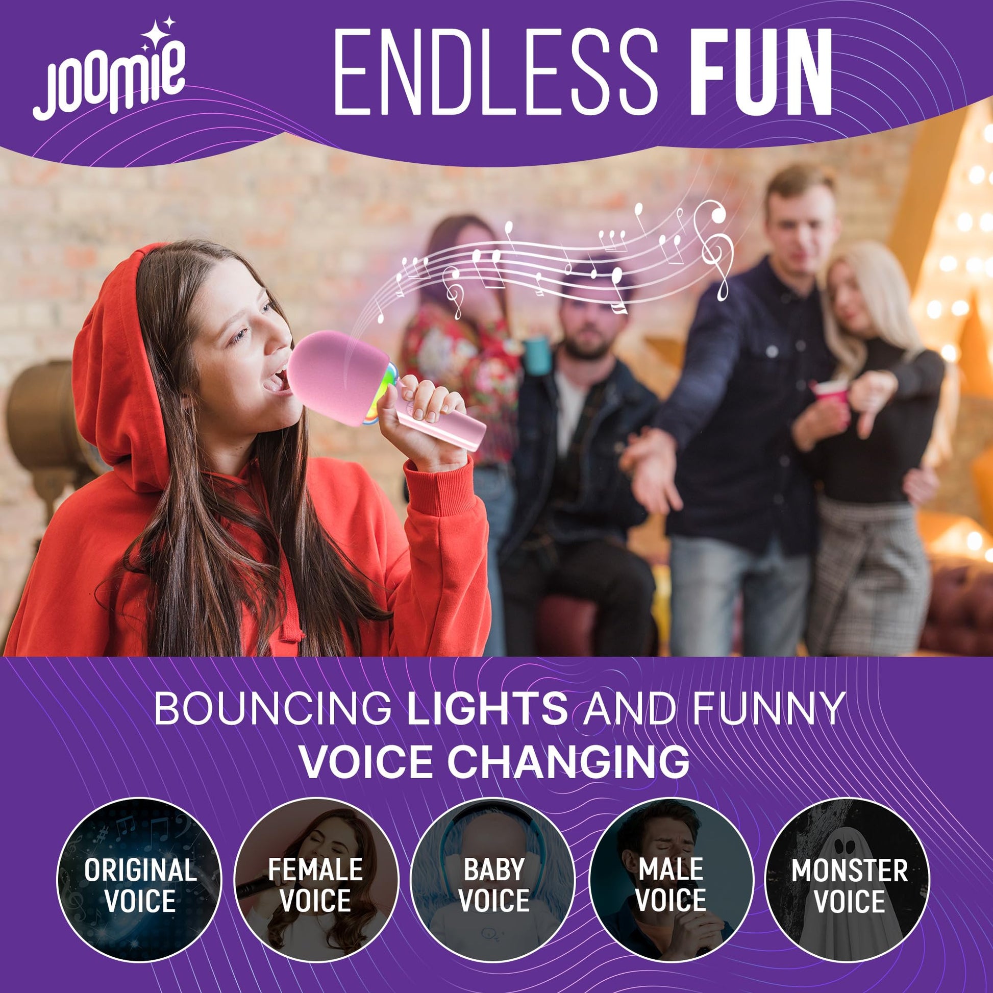 Joomie Karaoke Microphone for Kids - Wireless Bluetooth 4-in-1 MIC with Speaker, Voice Changer, Echo Effect & RGB Lights, Rechargeable, Fun Birthday