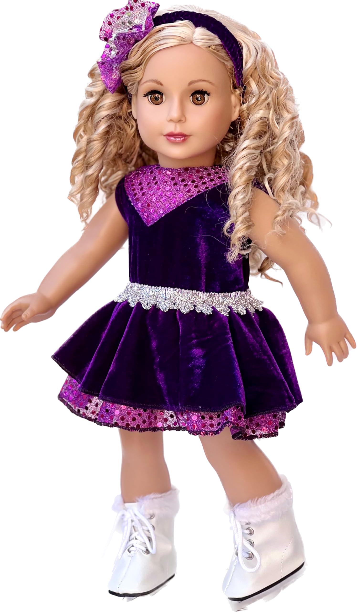 Ice Skating Queen - 3 Piece Ice Skating Outfit for 18 Inch Dolls - Purple Leotard with Ruffle Skirt, Head Band and White Skates - 18 Inch Doll Clothes