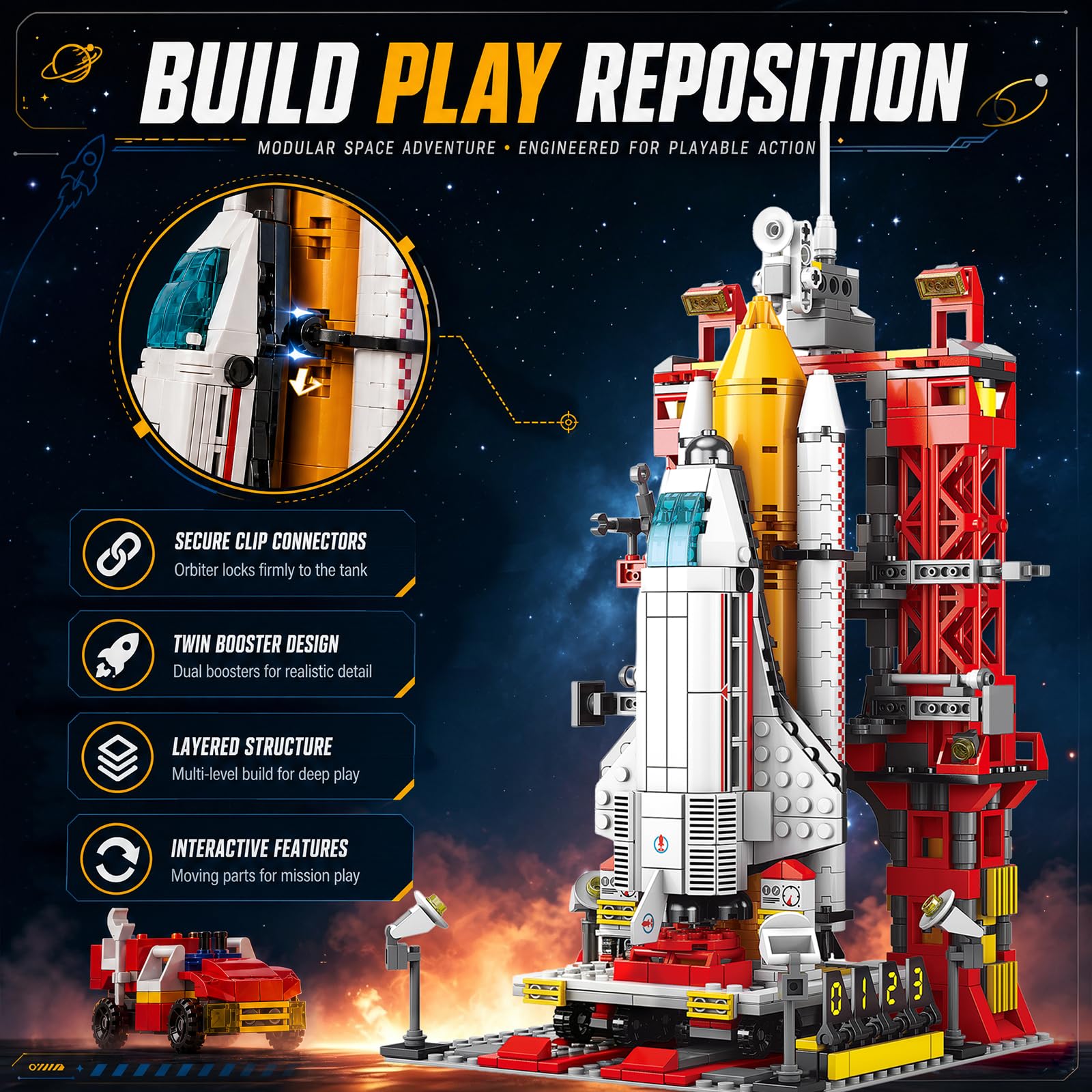 FNSJFYZS Space Shuttle Launch Center Building Blocks Set, Rocket Launch Base Model with Orbiter, Satellite, Rover & Radar Station, Aerospace
