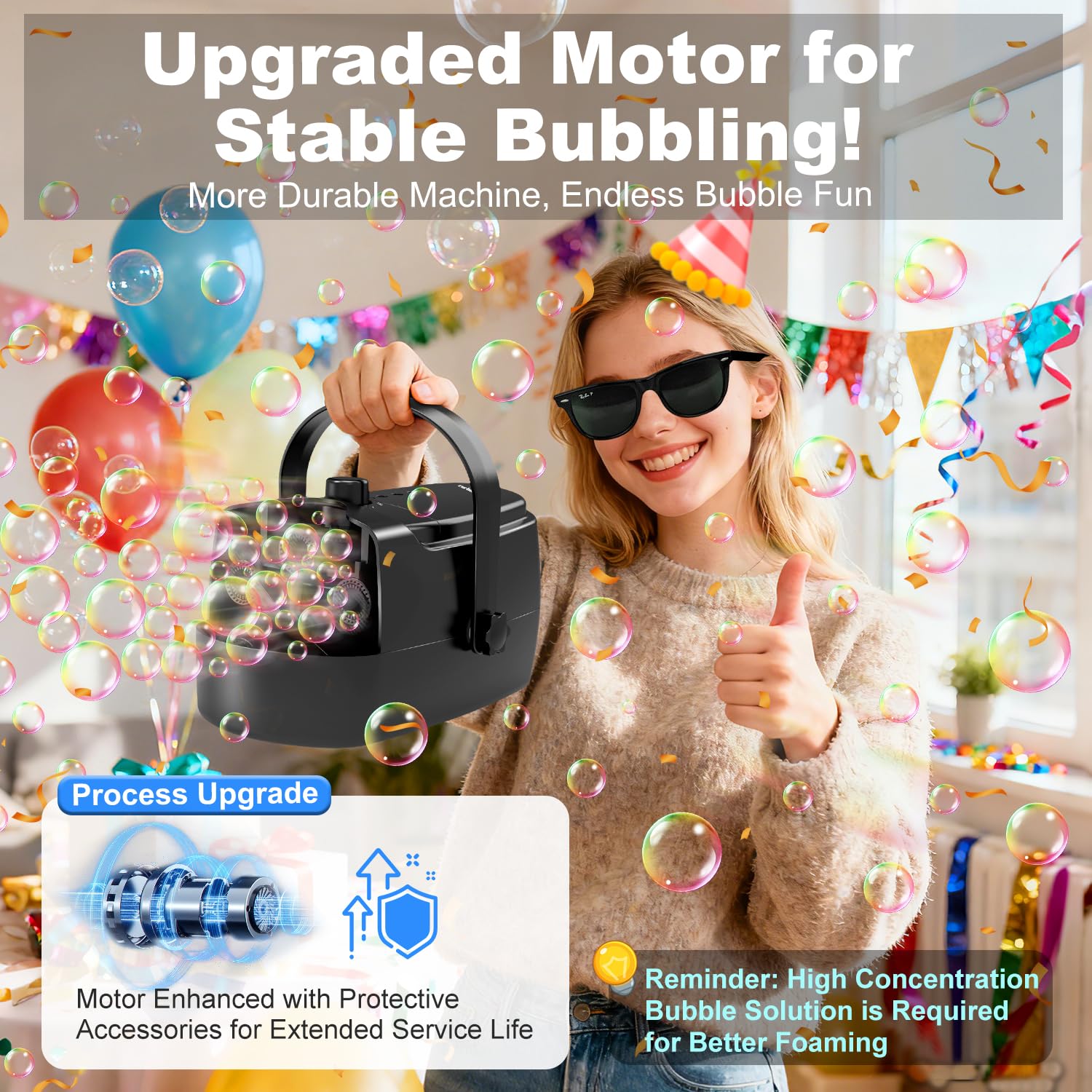 Zerhunt Durable Bubble Machine for Party: 3 Power Modes for Non-Stop Fun - 18000+ Bubbles Per Minute High Output 30 Mins Bubbles per Refill - Kids