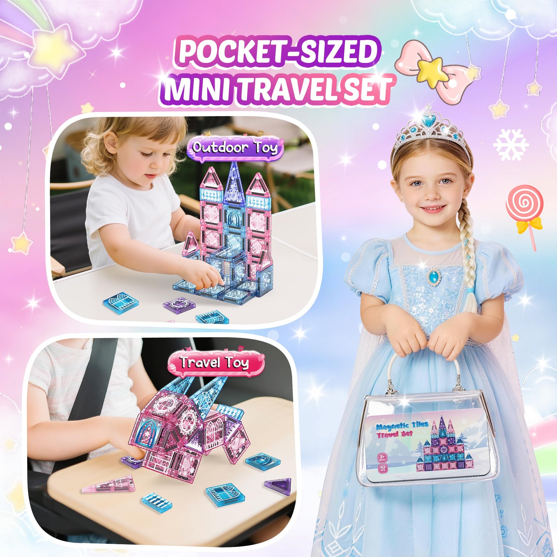 Magnetic Tiles Princess Toys, Princess Castle Travel Magnetic Blocks with Metal Box & 2 Dolls, Mini Magnet Tiles for Girls Pretend Play, Magnet STEM