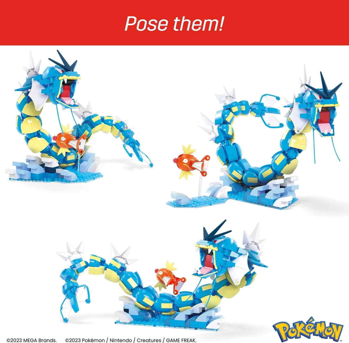 MEGA Pokémon Action Figure Building Toys Set for Kids, Magikarp Evolution Set with 411 Pieces, Buildable and Poseable Gyarados, 20 inches