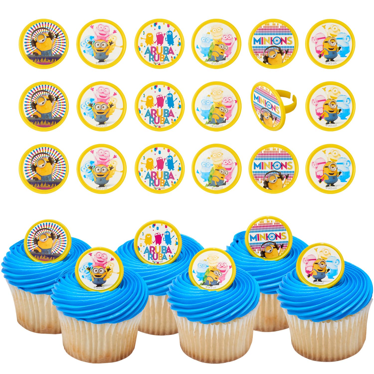 DecoPac Despicable Me™ Celebrations Cupcake Rings, 24 Minions Cupcake Decorations, 6 Minion Designs On Yellow Rings - 24 Pack