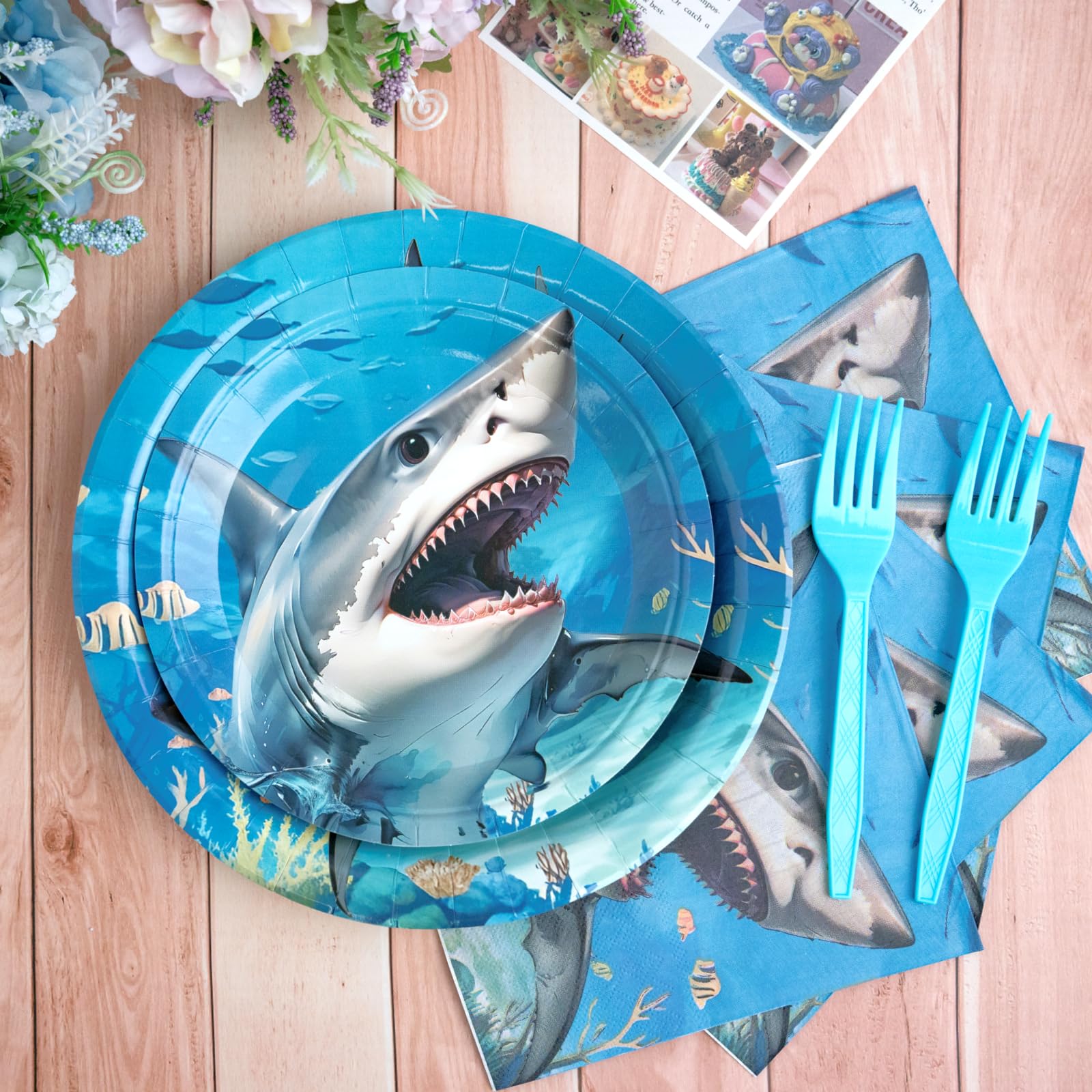 Shark Birthday Party Decorations - Shark Tableware Set, Paper Plate, Fork, Napkin, Ocean Under The Sea Theme Party Supplies for Baby Shower Boys