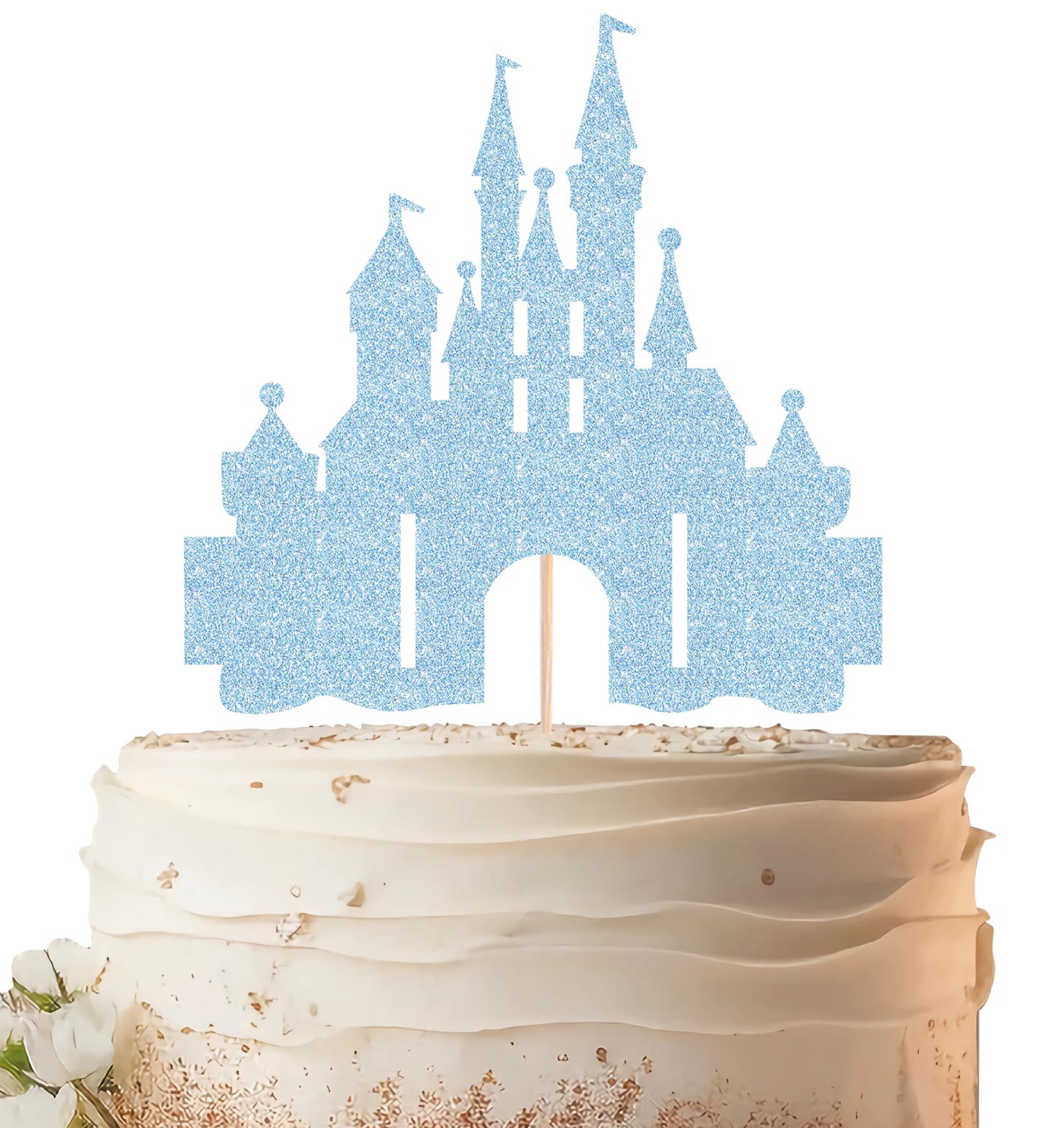 EONNCNT Castle Cake Topper - Light Blue Glitter Castle Theme Birthday Cake Decorating Supplies, Princess Prince Baby Shower Birthday Party Supplies