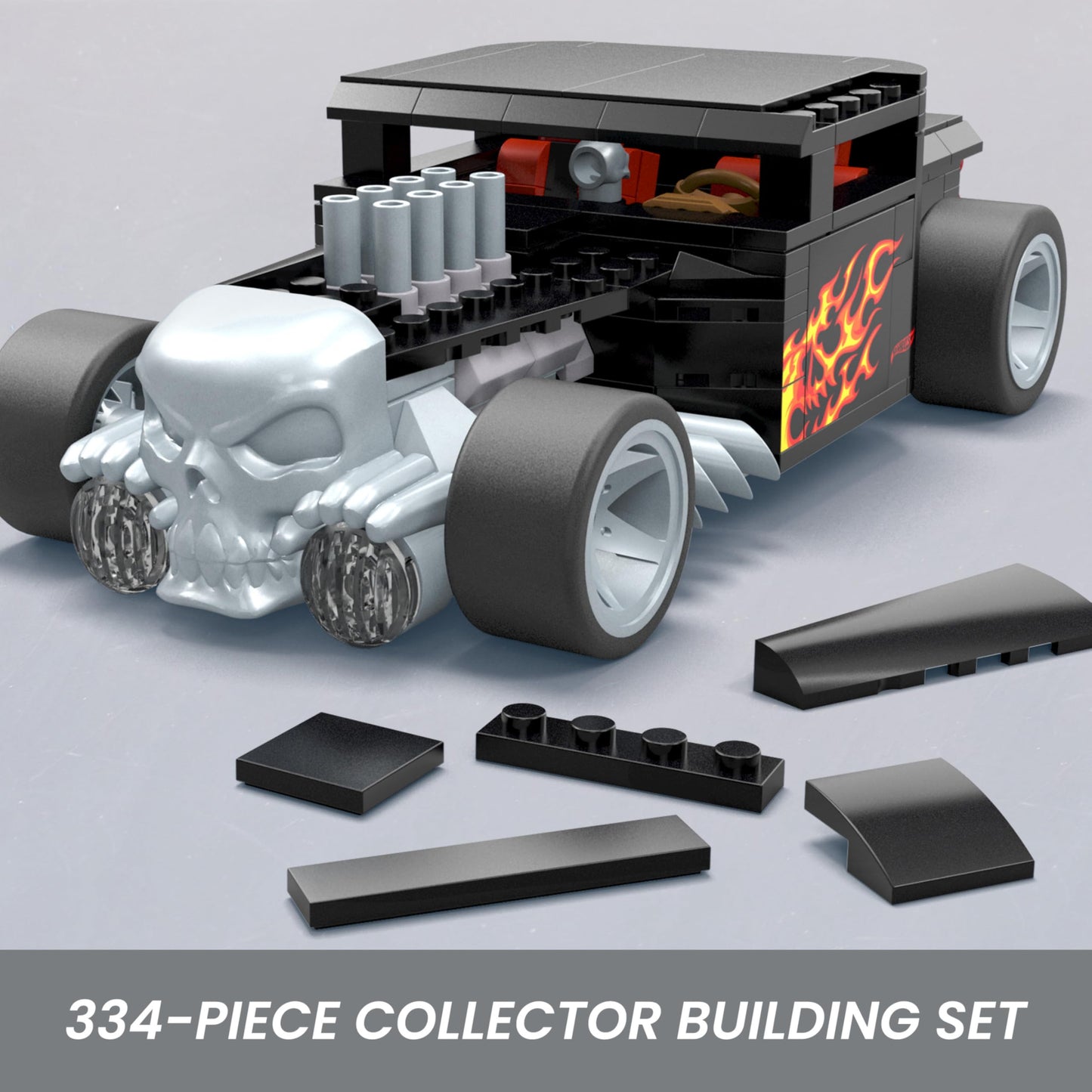 MEGA Hot Wheels Race Car Building Toys Set, Bone Shaker with 334 Pieces and Metal Die-Cast Model, Collector Replica, Black and Chrome, Kids & Adults