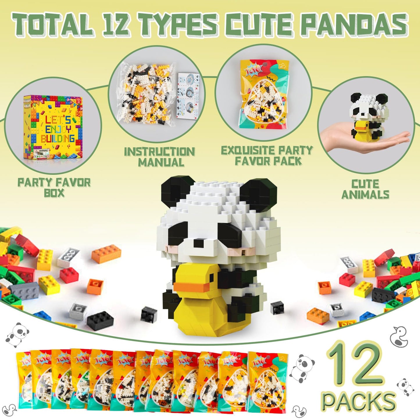 HIGH GODO 12Pack Pandas Party Favors Building Set, 1977PCS Cute Animals Set for Goodie Bag Stuffers Classroom Prizes, Party Favors Birthday Easter