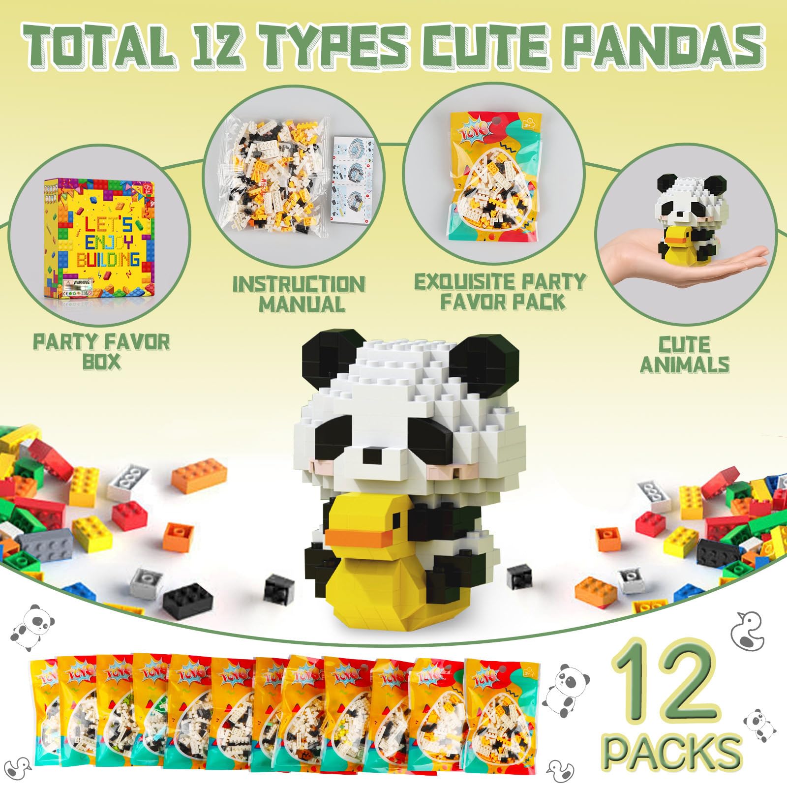 HIGH GODO 12Pack Pandas Party Favors Building Set, 1977PCS Cute Animals Set for Goodie Bag Stuffers Classroom Prizes, Party Favors Birthday Easter