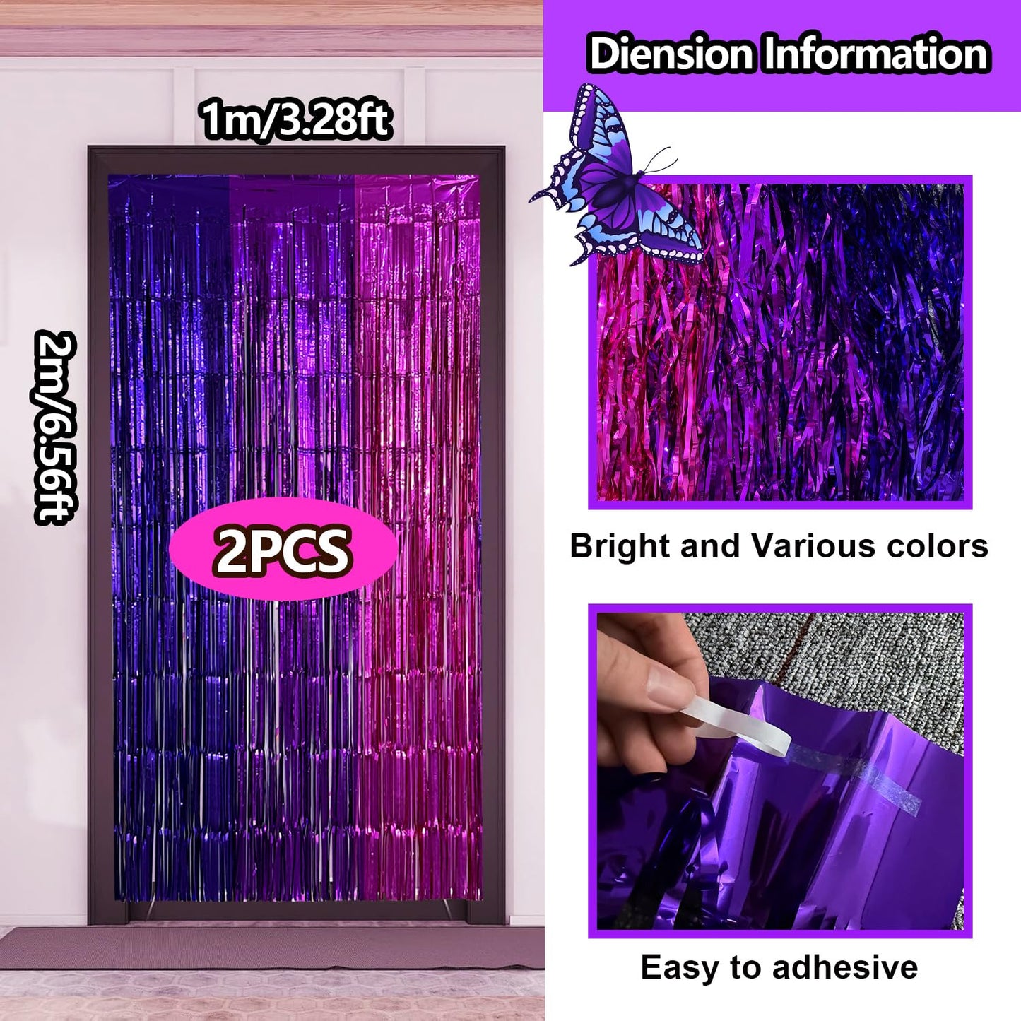 2 Pack Purple Pink Foil Fringe Curtains Streamers Backdrop for Music Themed Party Decorations, Girls Butterfly Birthday Party Decorations Supplies