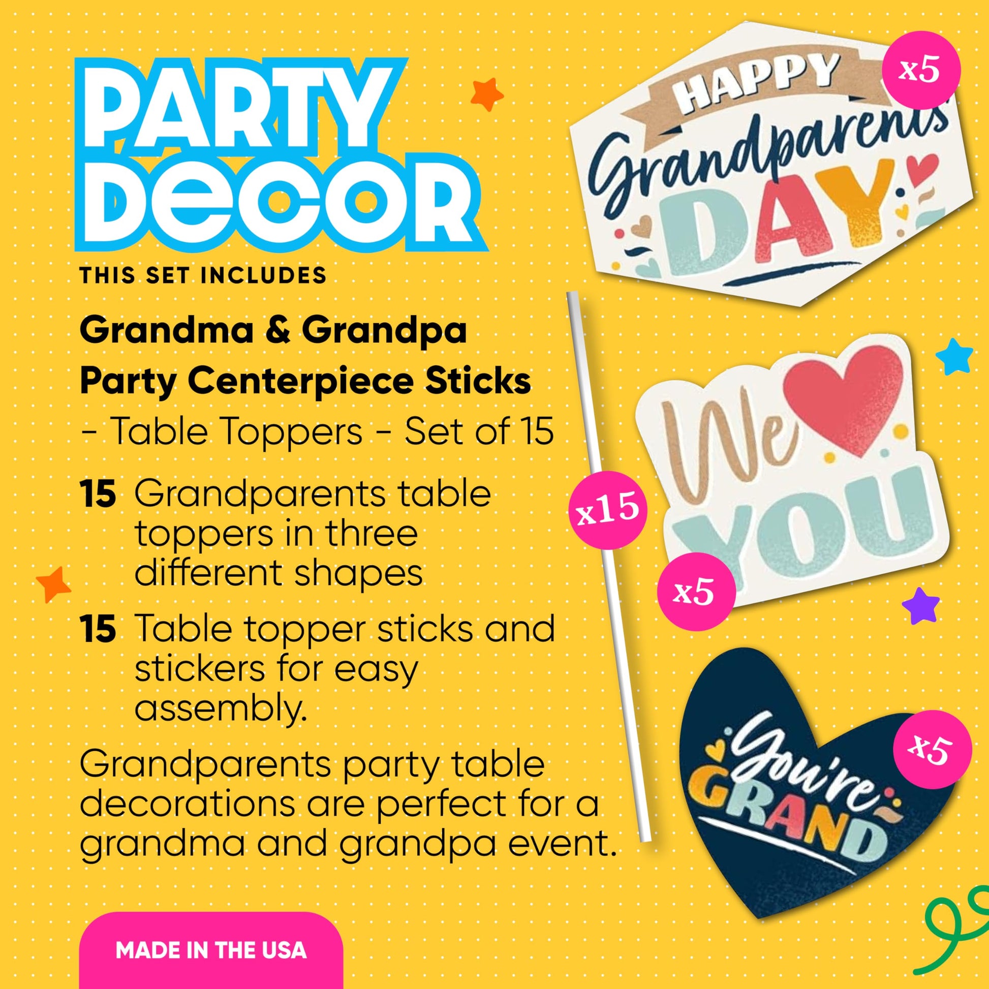 Big Dot of Happiness Grandparents Day Celebration Centerpiece Sticks, 15-Piece Table Decoration Set, Multi-Size Table Toppers with Display Sticks