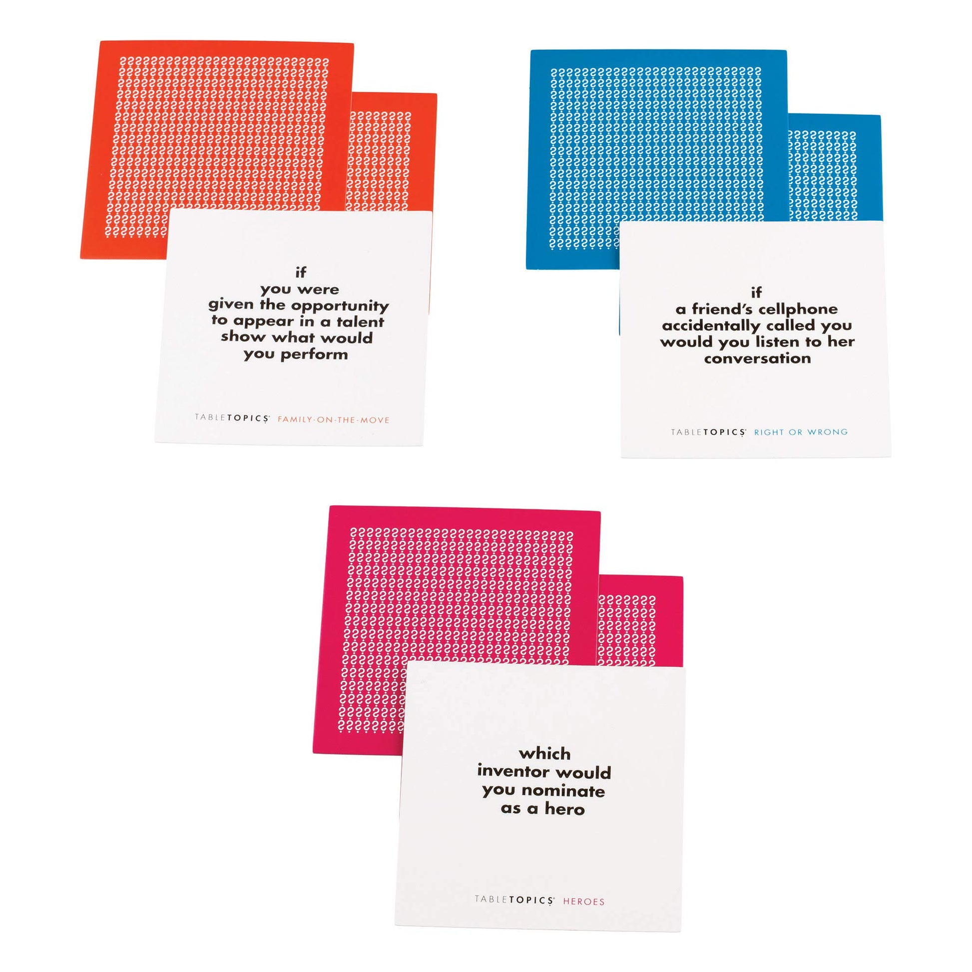 TableTopics Family Conversation Pack for Parent Child Connection, 120 Engaging Question Cards for Dinnertime, Car Rides, & Classrooms, Boxed Set of 3