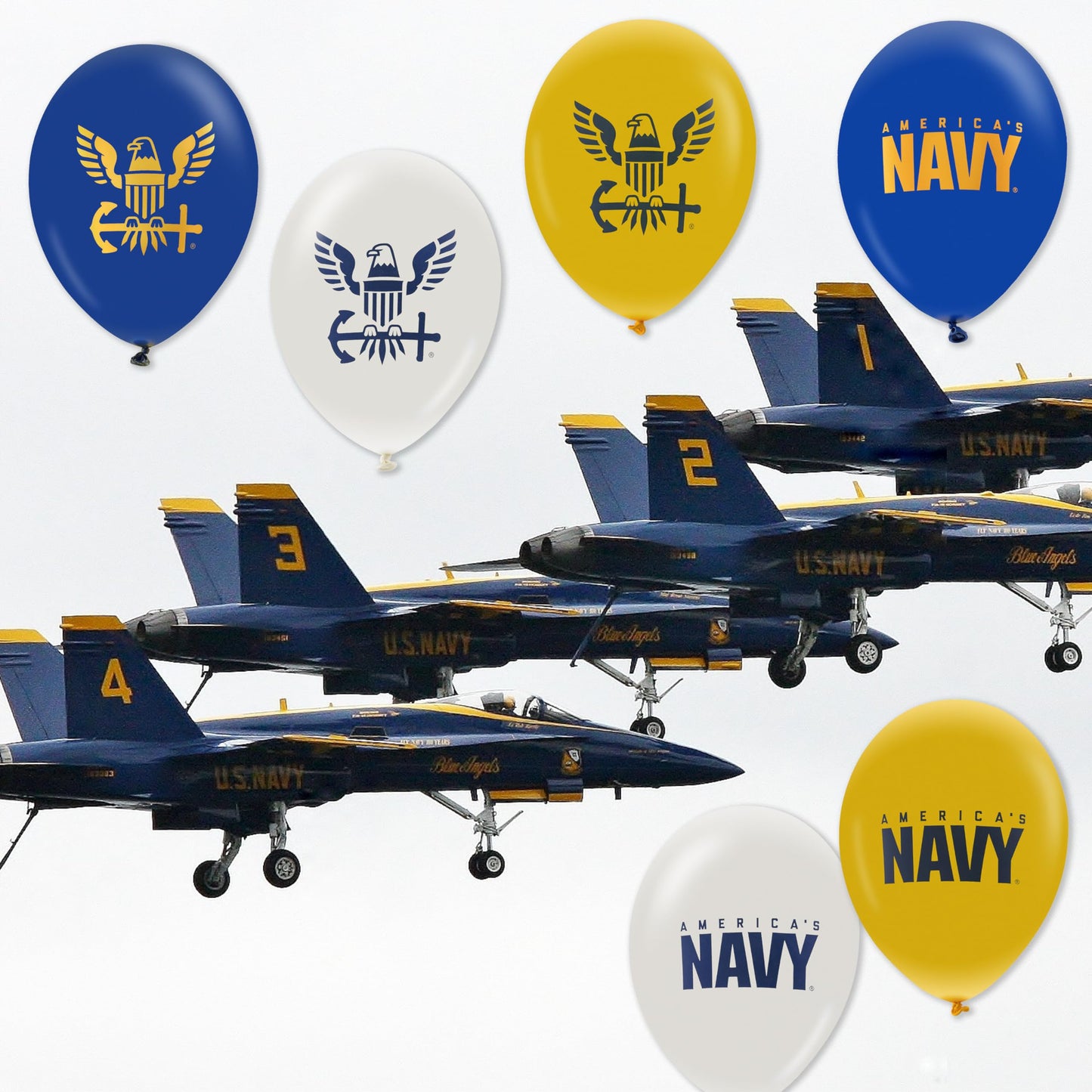 U.S. Navy Party Balloons (10 pcs)! 12” Latex balloons in Blue, White & Yellow with Striking Print on 2 sides. Officially Licensed U.S. Navy