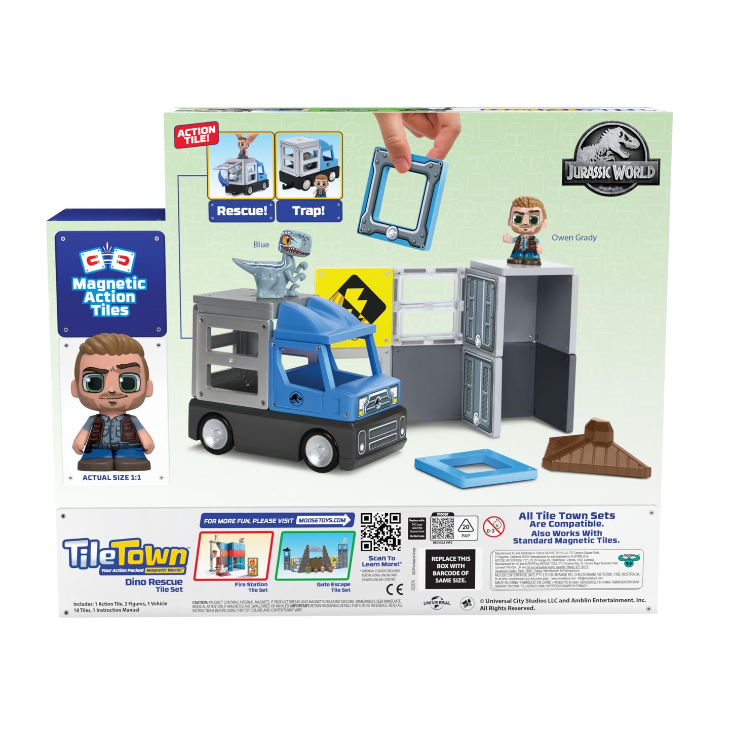 Tile Town Jurassic World Dino Rescue Magnetic Tiles Construction Building Set + Figures + Car, Kids 3-5+, New Action Tiles for Action Play, Realistic
