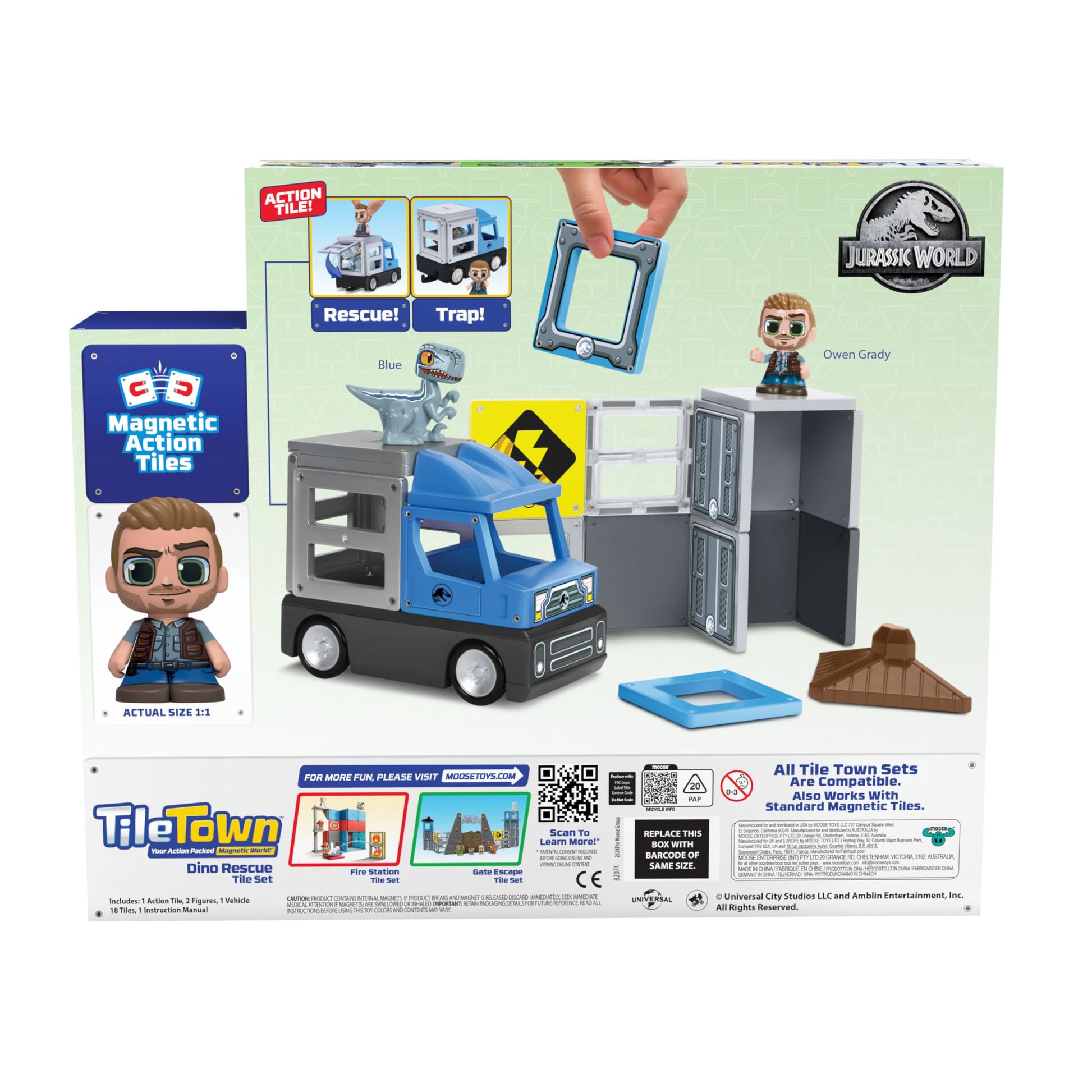 Tile Town Jurassic World Dino Rescue Magnetic Tiles Construction Building Set + Figures + Car, Kids 3-5+, New Action Tiles for Action Play, Realistic
