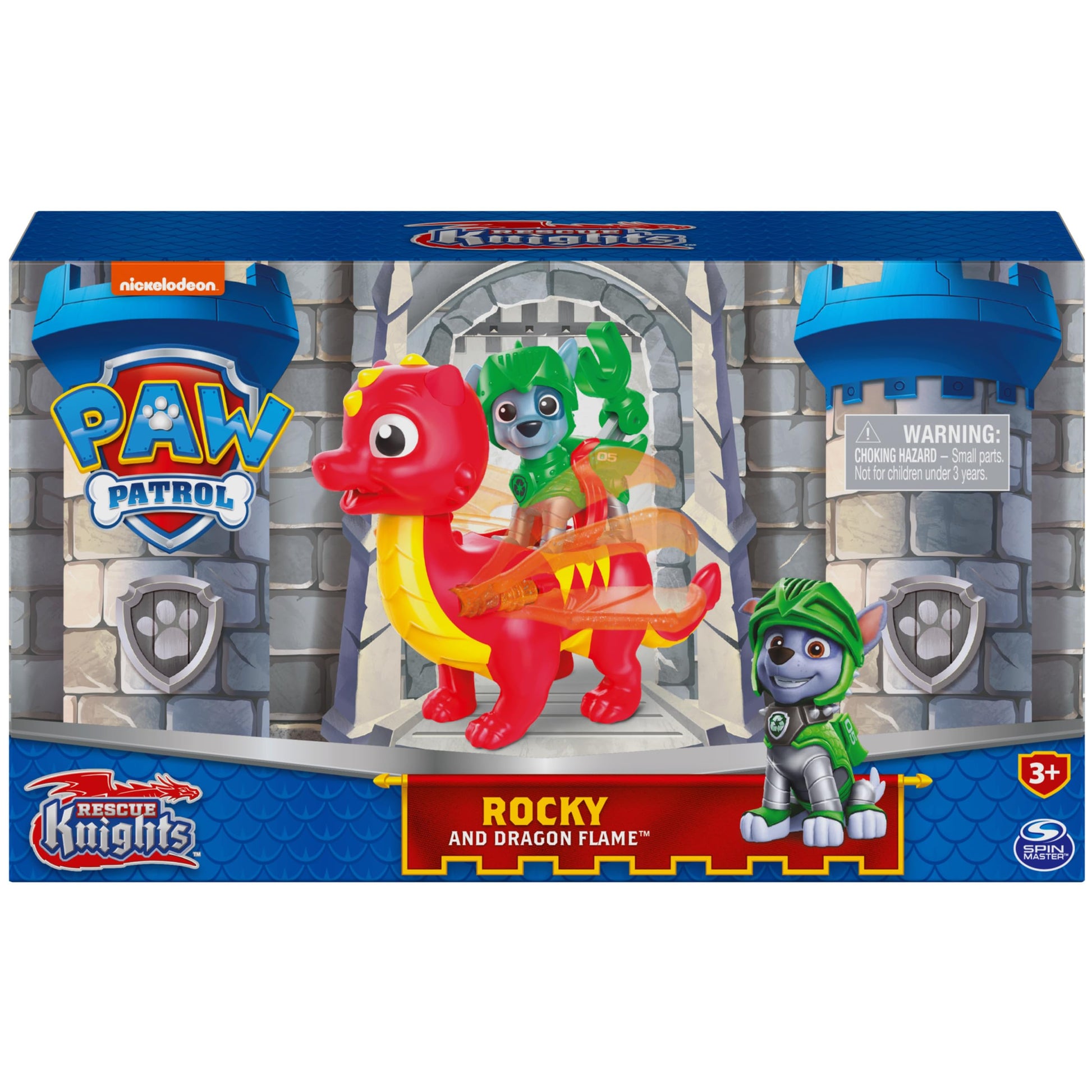 Paw Patrol, Rescue Knights Rocky and Dragon Flame Action Figures Set, Kids Toys for Ages 3 and up