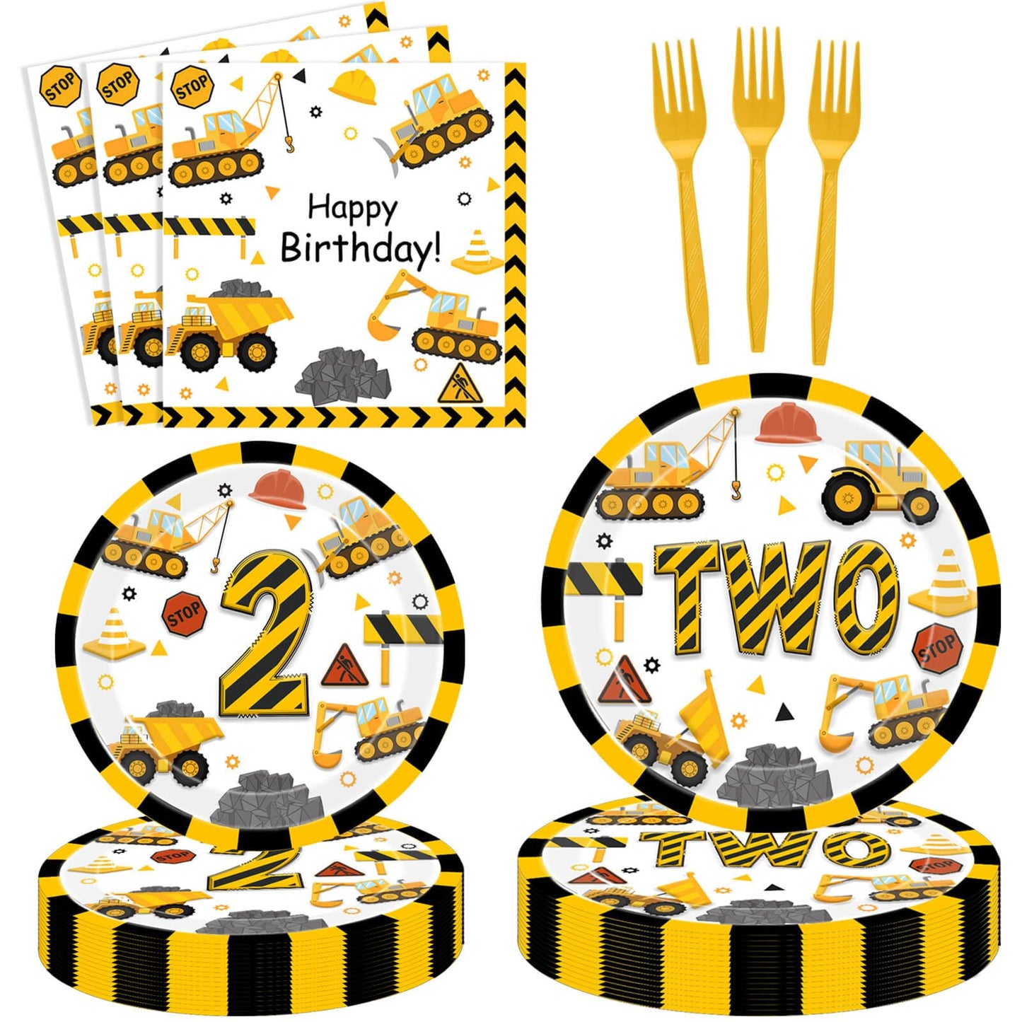 51 Pcs Construction 2nd Birthday Party Supplies Dump Truck Two Years Old Tablecloth Paper Plates Napkins Forks Dinnerware for Construction 2nd