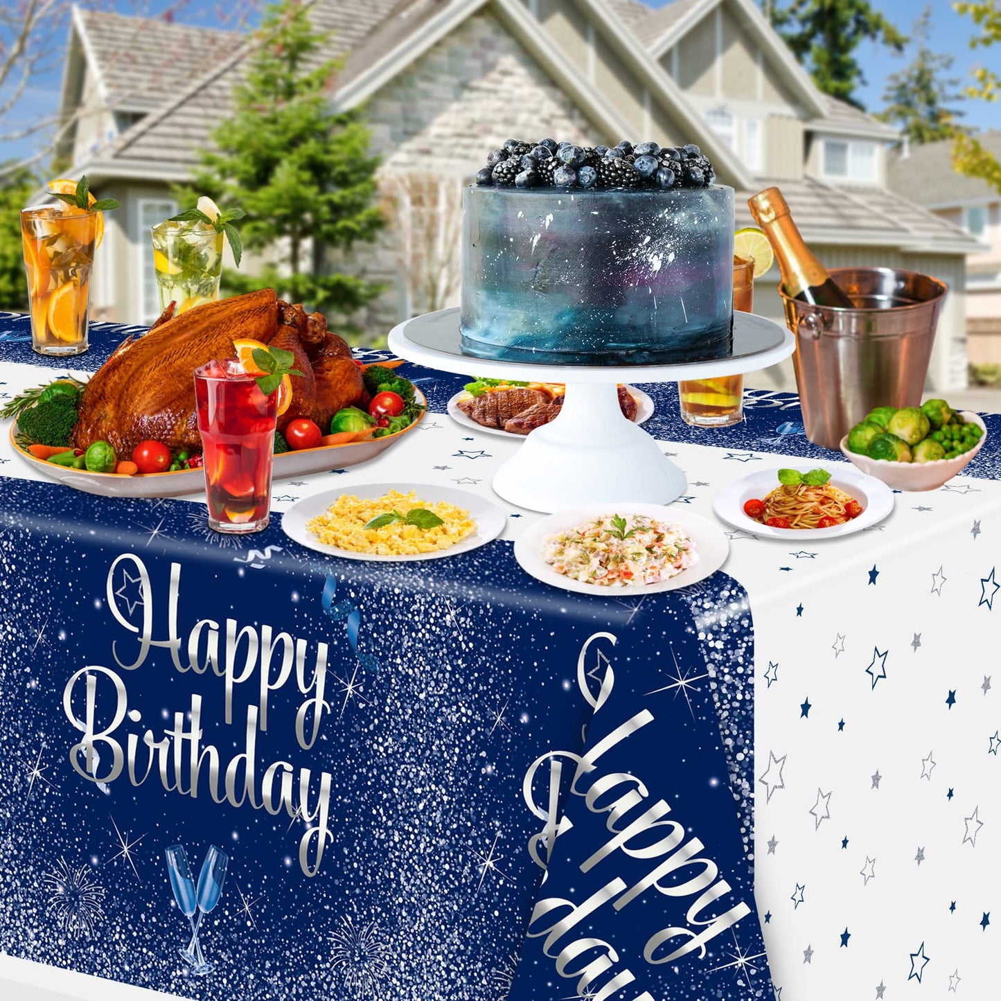 QUERICKY 2 Pack Navy Blue and Silver Happy Birthday Tablecloths, 51x87'' Plastic Disposable Rectangle Table Cover for Men Women Boys Girls Birthday