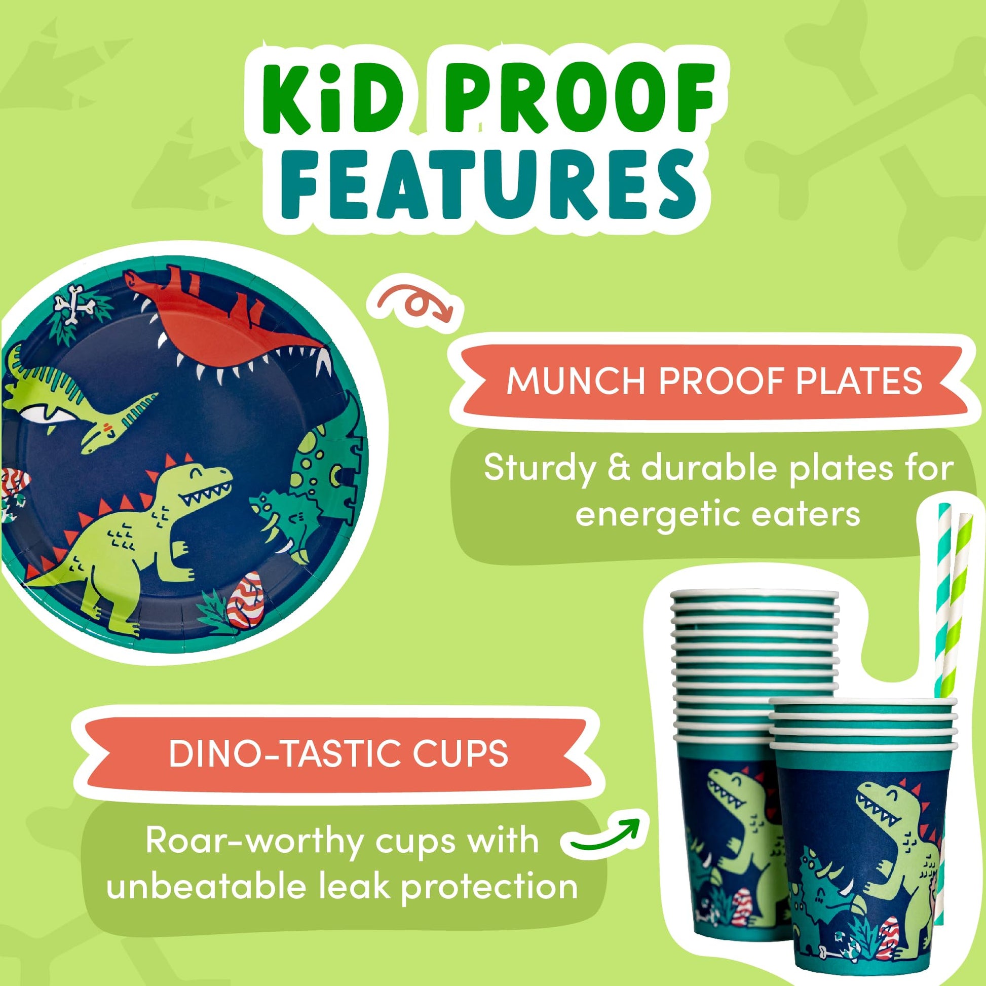 ecoZen Dinosaur Birthday Party Decorations - Jurassic Park Themed Supplies for 16 Guests, Includes Dino Plates, Cups, Napkins, Banner, Cutlery