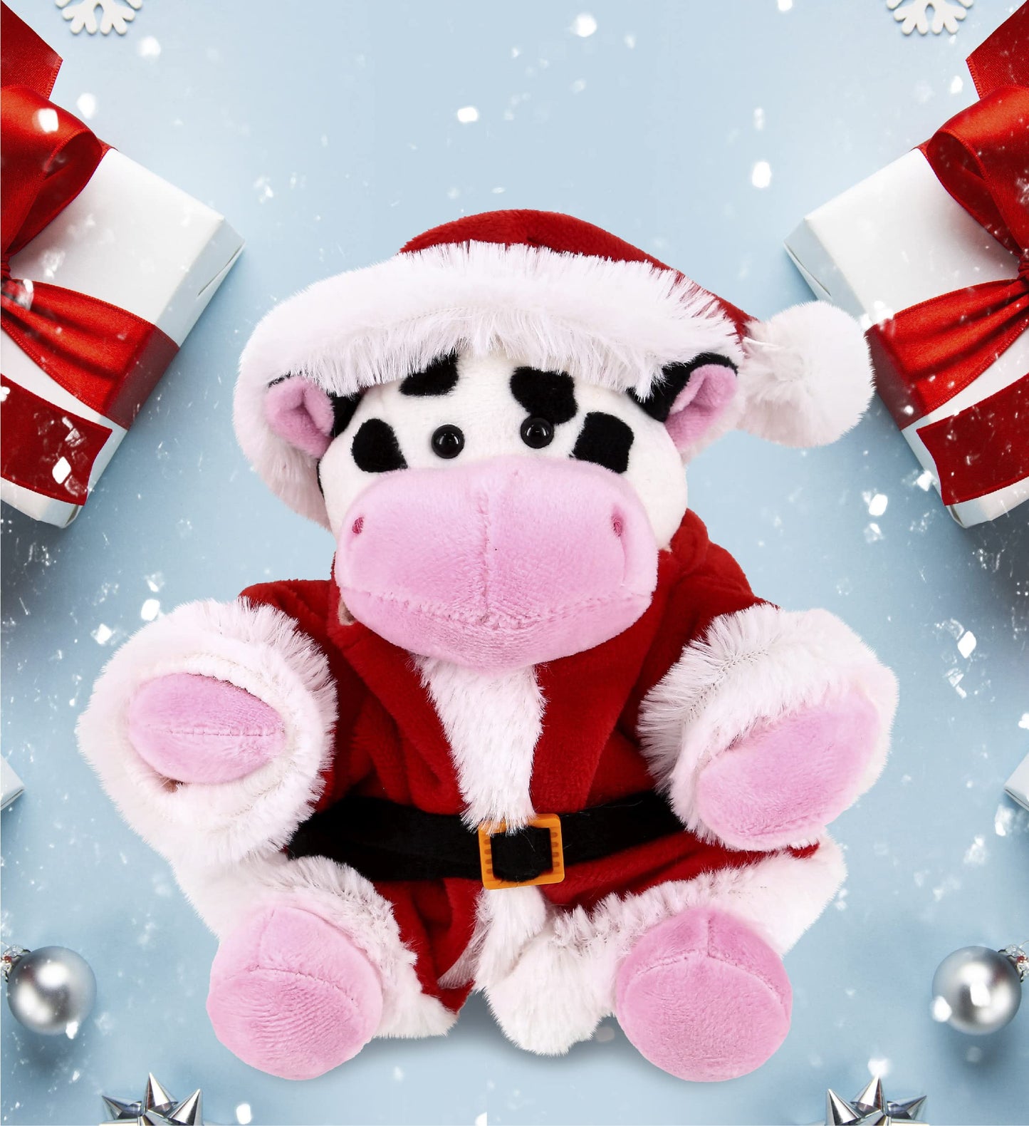 DolliBu Santa Cow Stuffed Animal Plush Toy - Super Soft Wild Animal Dress Up with Red Santa Claus Outfit, Cute Wildlife Gift, Perfect Holiday 6 Inches