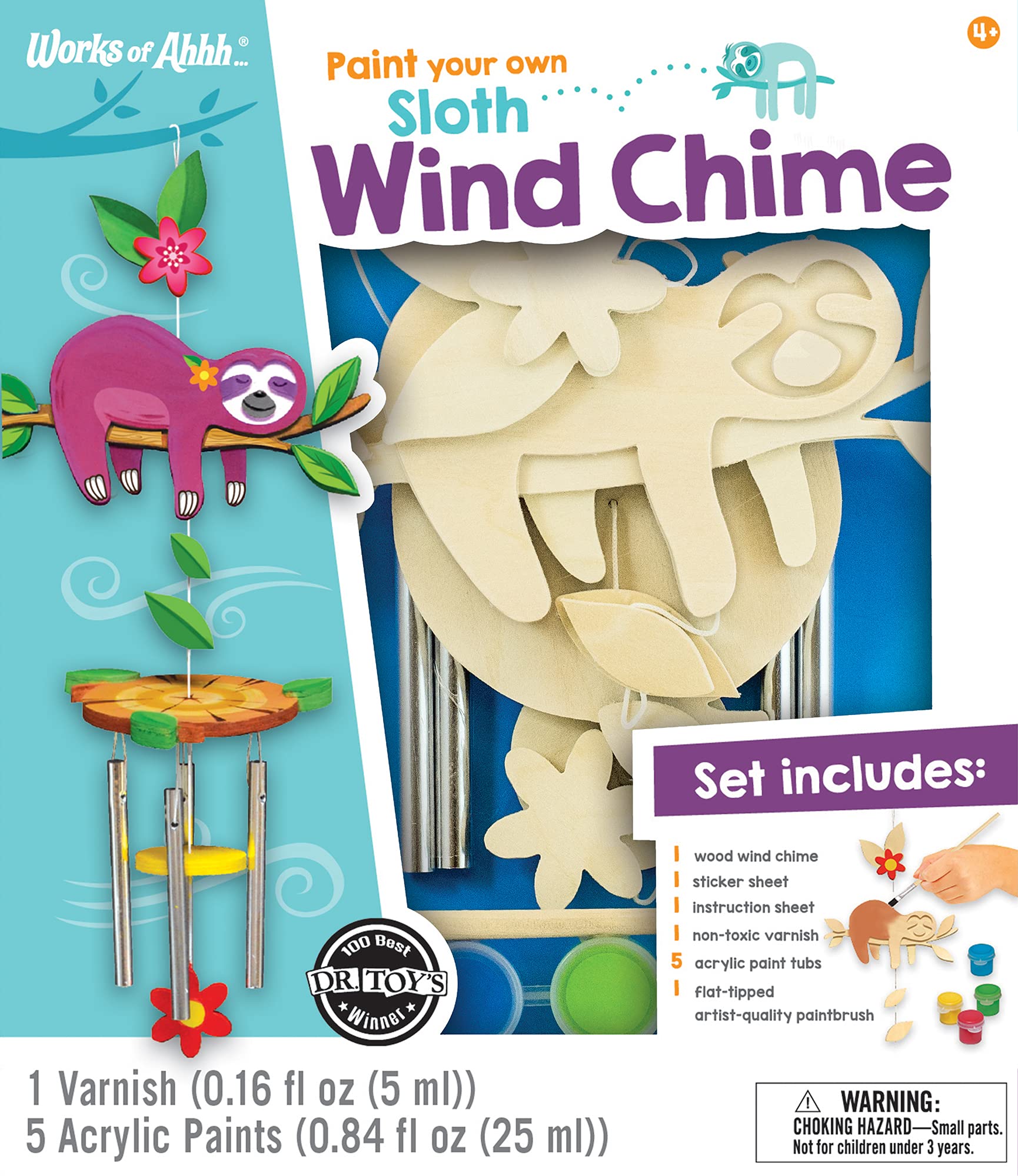 Works of Ahhh... Sloth Wind Chime Craft Kit - Classic Wood Paint Set for Kids, Includes Real Wood, Paints & Instructions